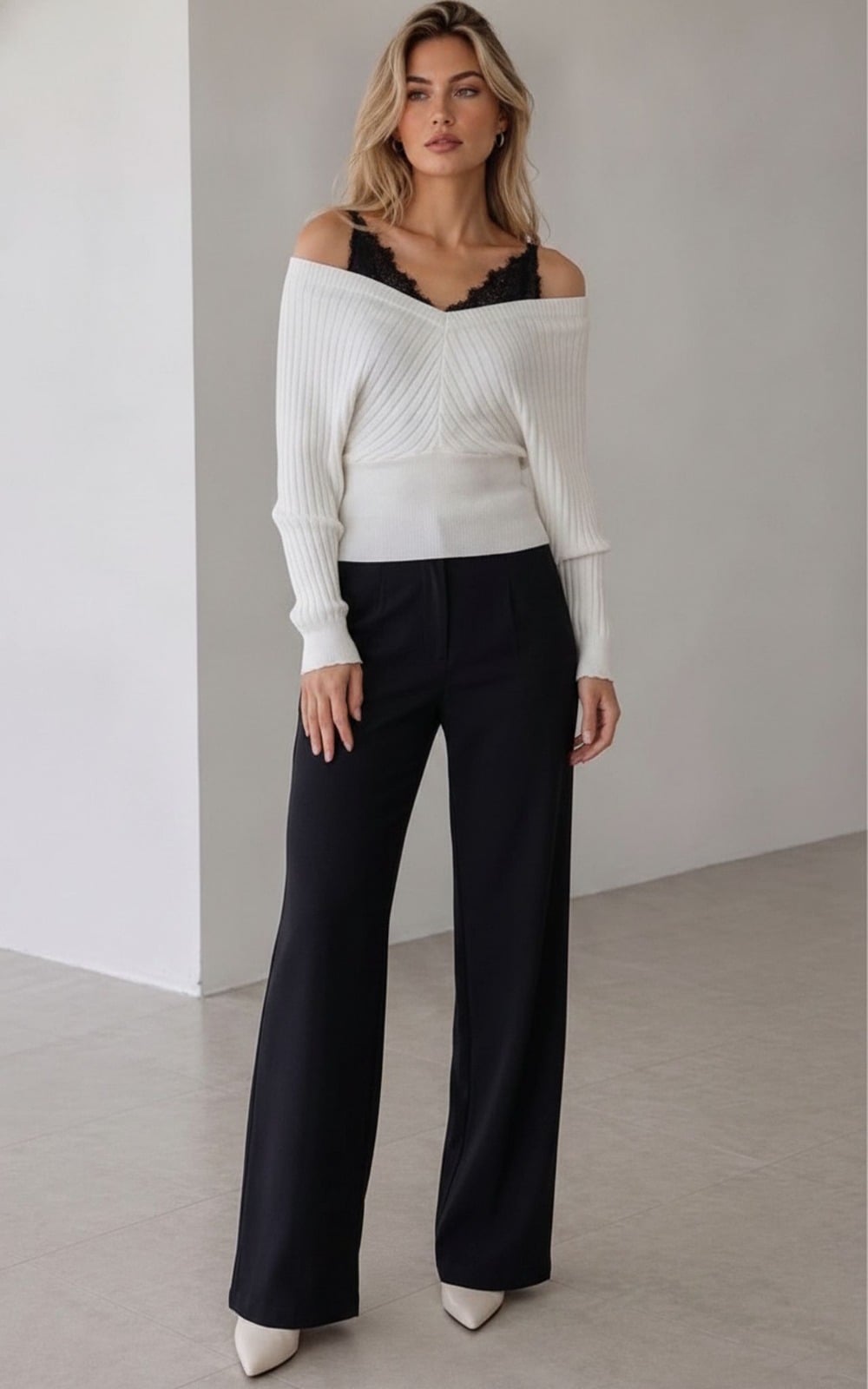 Off-Shoulder Ribbed Knit Sweater with Lace Trim - Cream - My Bee - by Peralane - photo 3