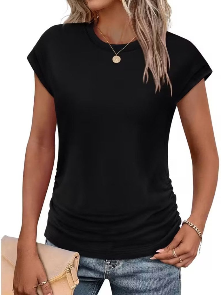 Women's Black Short Sleeve Crew Neck Ruched Side Blouse - Janes - by Peralane - photo 4