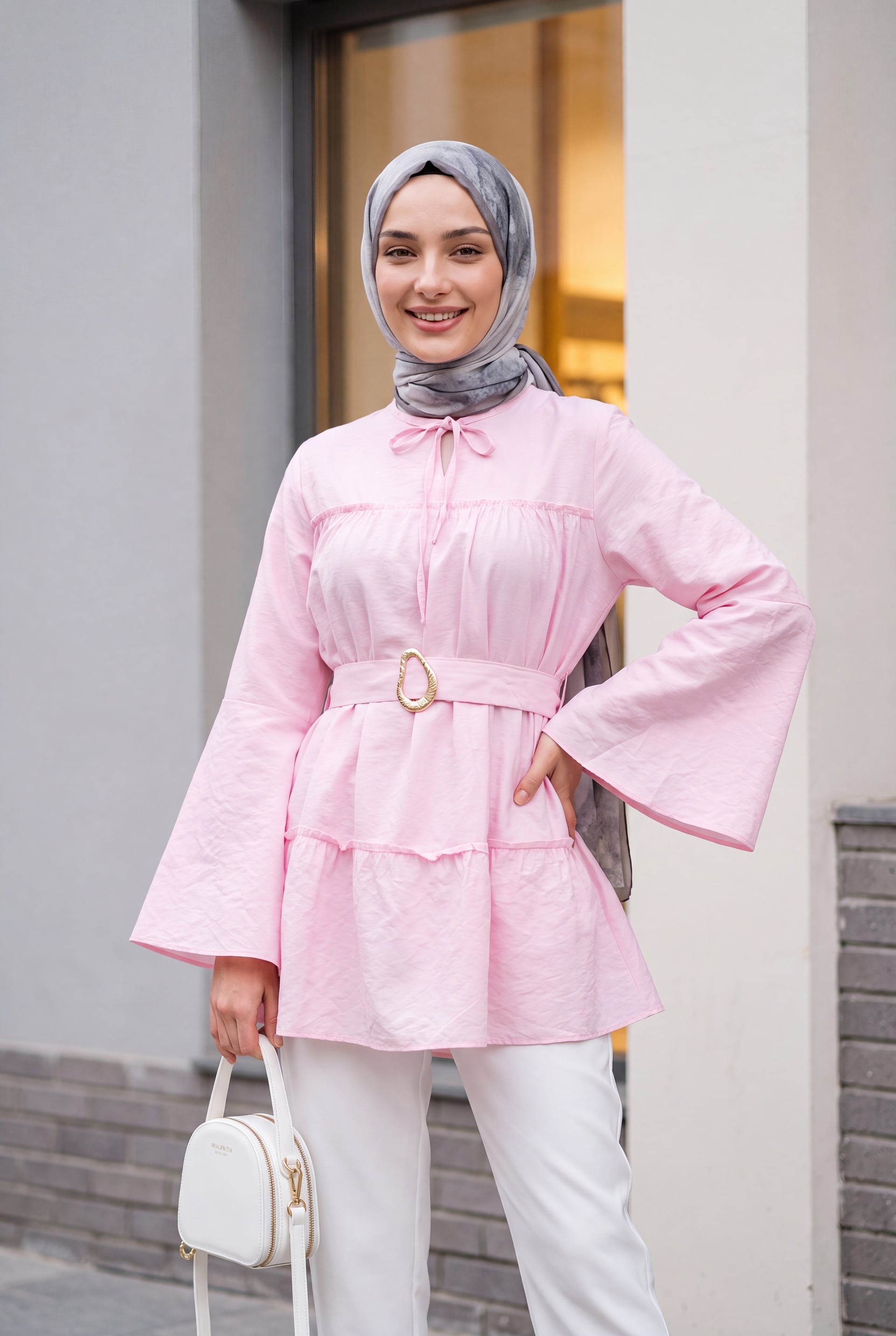 Tie-Neck Belted Paneled Polyviscose Tunic - Pink - Podyumplus - by Peralane