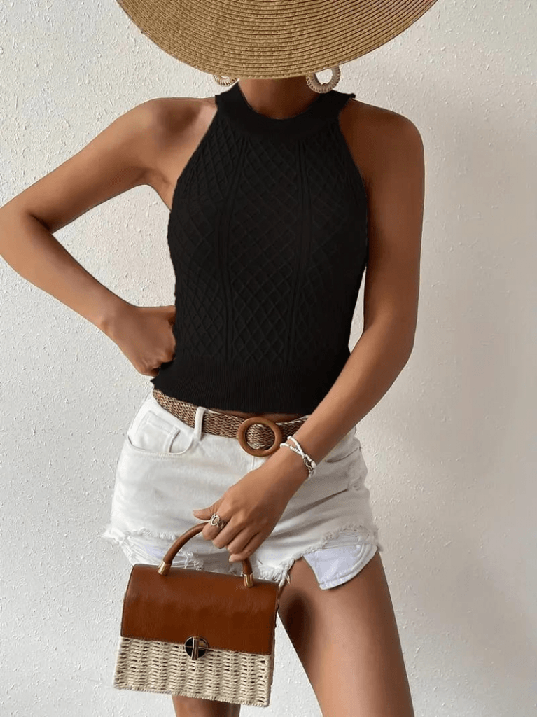 Women's Black Sleeveless Halter Neck Diamond Pattern Knit Blouse - Janes - by Peralane - photo 3