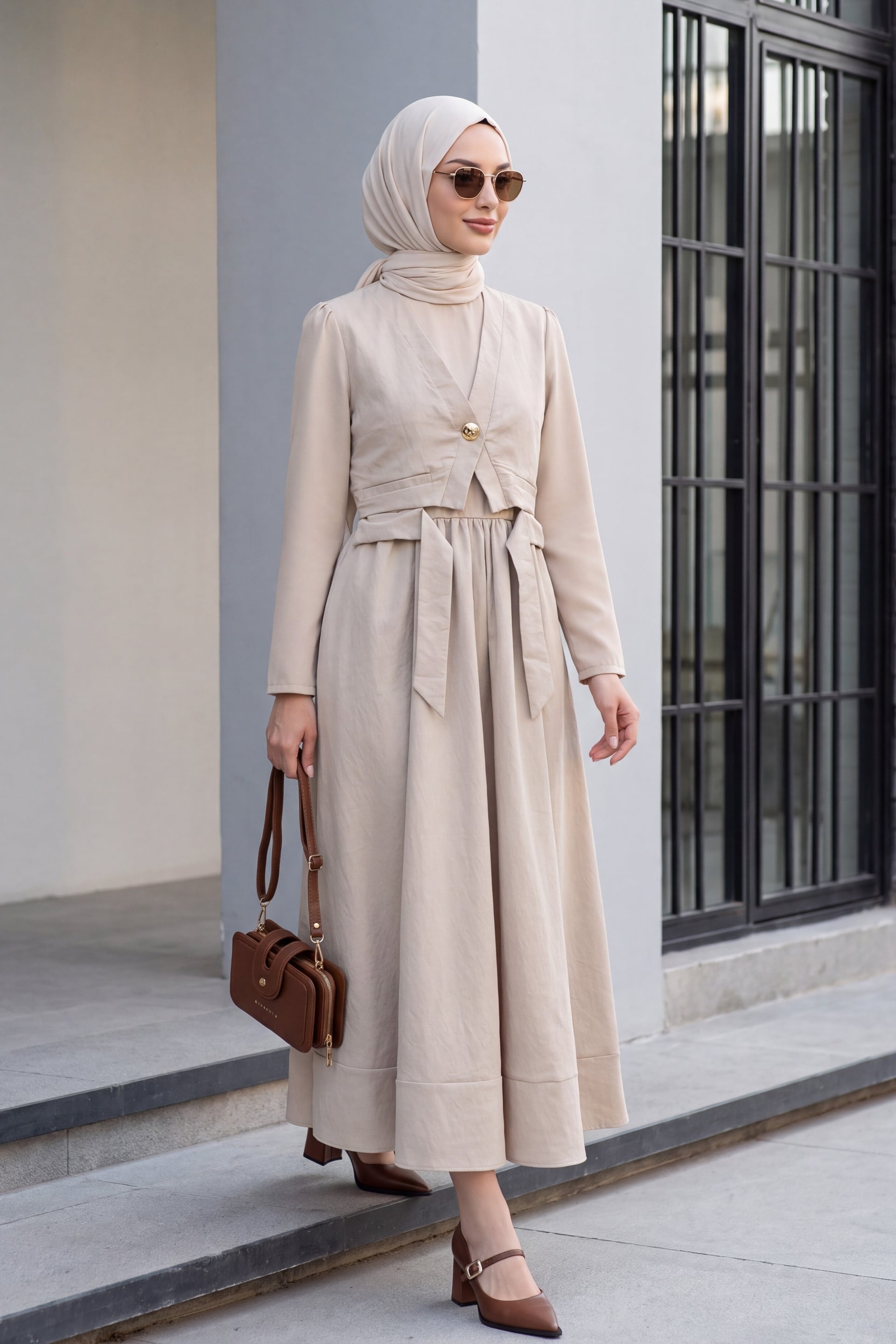 Tie Waist Elastic Vest Detail Cupra Dress - Beige - Podyumplus - by Peralane - photo 2