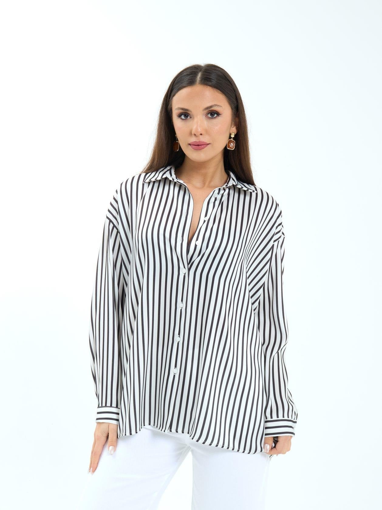 Black and White Striped Long-Sleeve Blouse with Collar - Fame - by Peralane