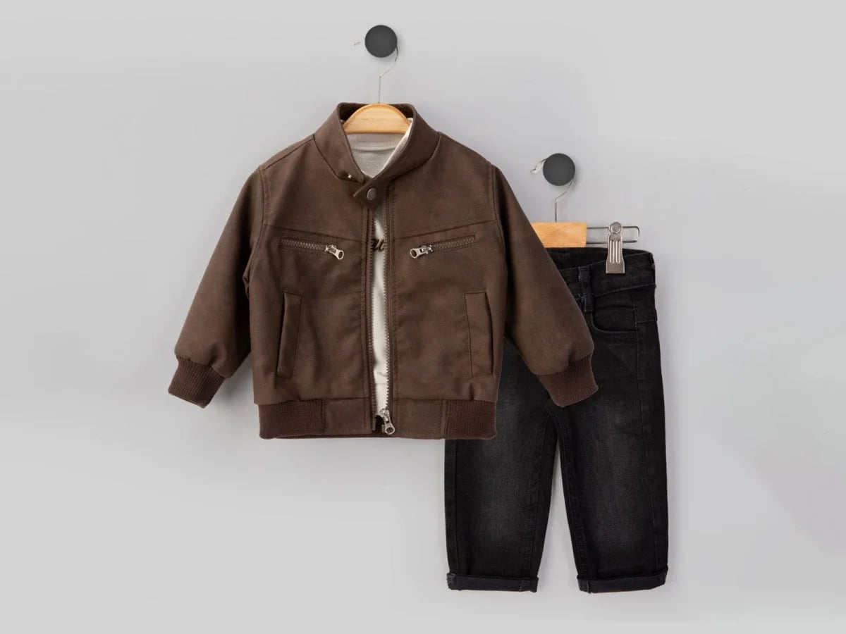 Brown Faux Leather Boys' Jacket and Trousers Set - Beyaz Bebek - by Peralane