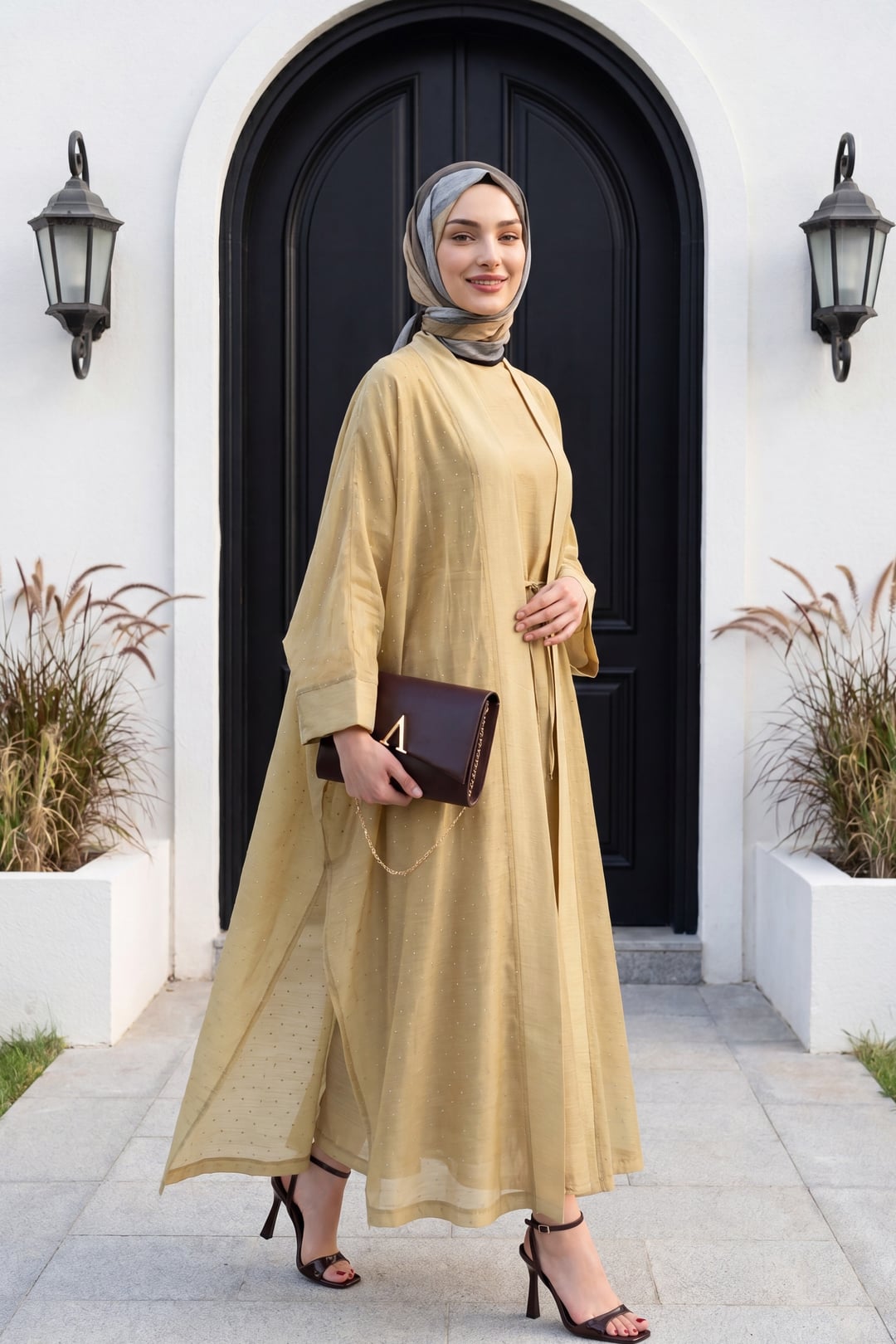 Belted Lined Flounce Tulle Abaya Set with Inner Dress - Mink - Podyumplus - by Peralane - photo 2