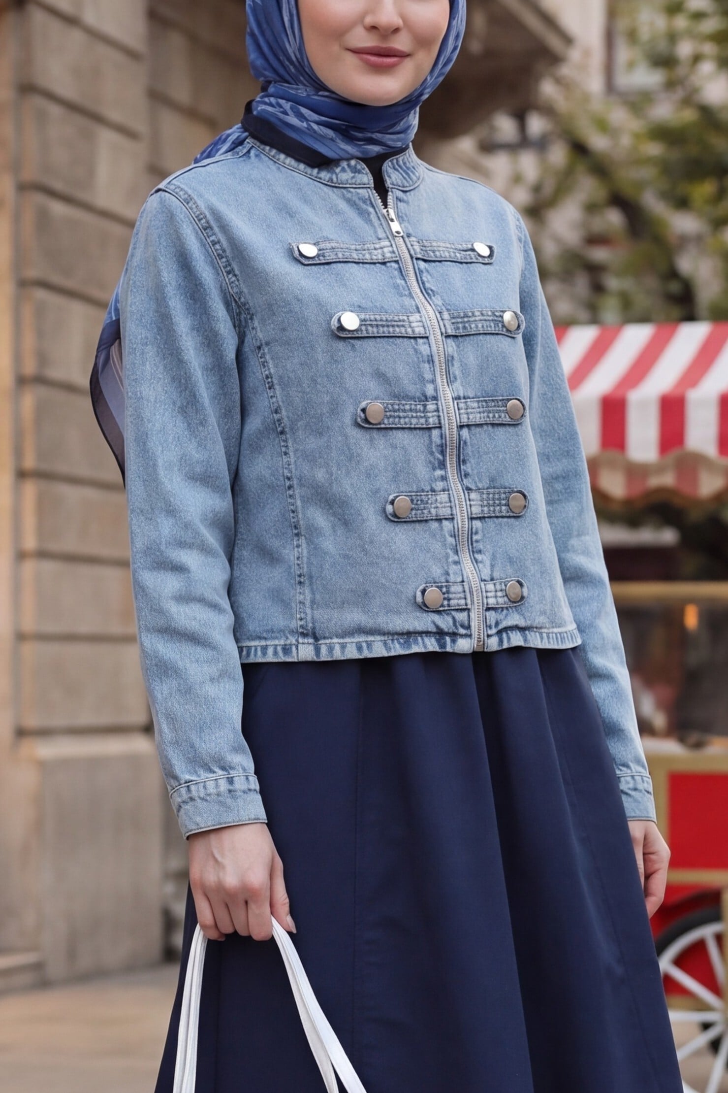 Women's Button Detail Denim Jacket 0771 - Blue - Bigdart - by Peralane