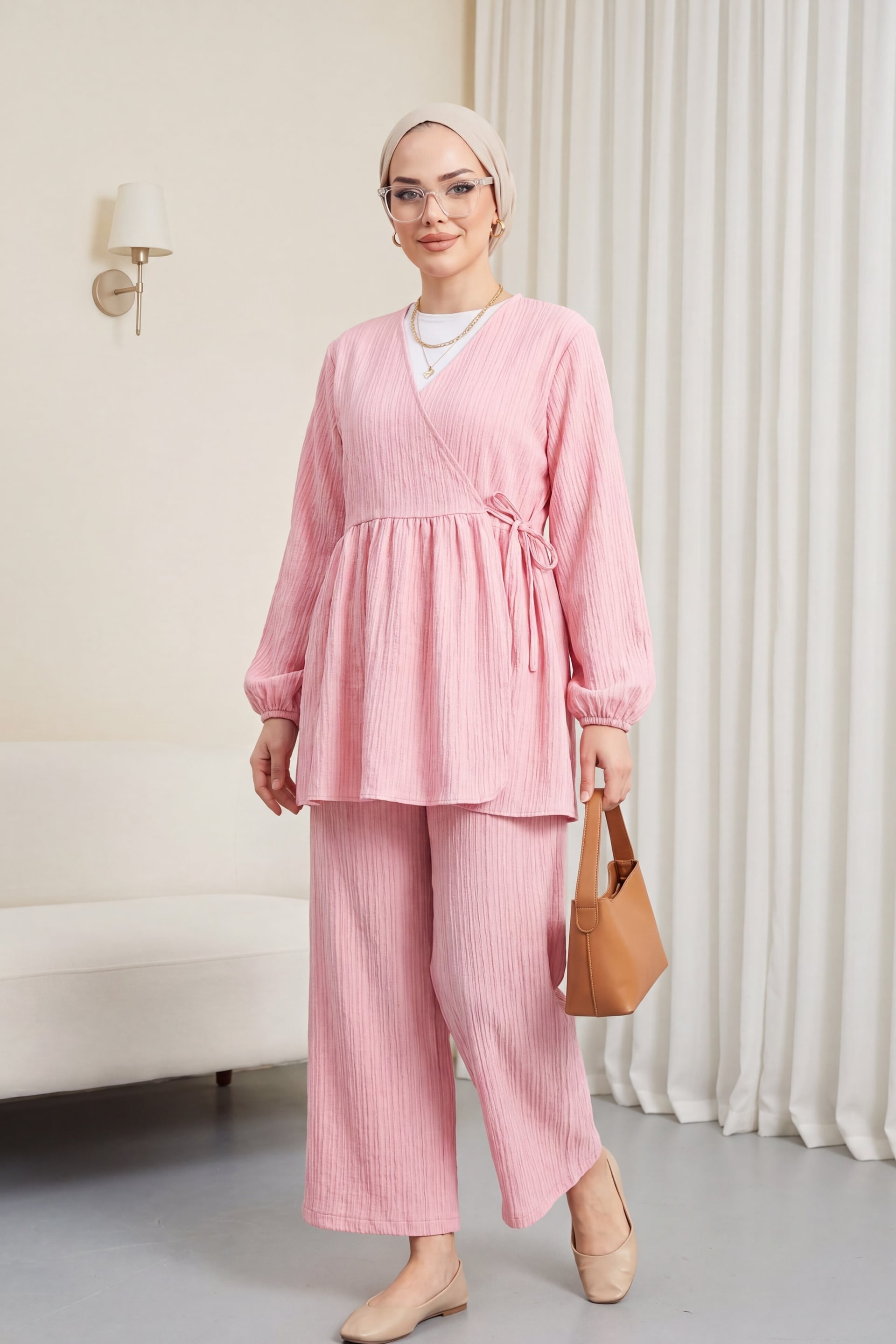 Pink Wrap Tunic and Wide-Leg Trousers Two-Piece Set - Podyumplus - by Peralane - photo 2