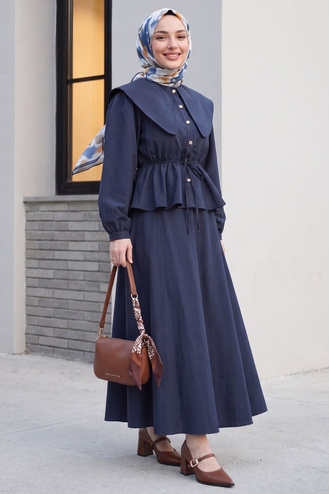 Navy Blue Peplum Top and Long Skirt Two-Piece Set - Podyumplus - by Peralane - photo 3