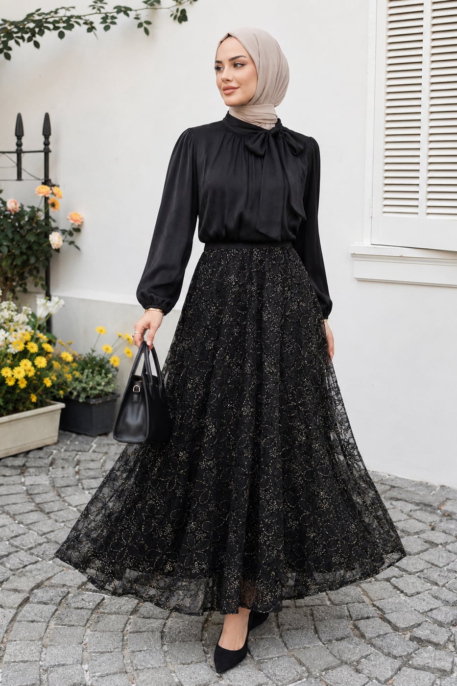 Black Lace Overlay A-Line Skirt with Gold Floral Pattern - Podyumplus - by Peralane