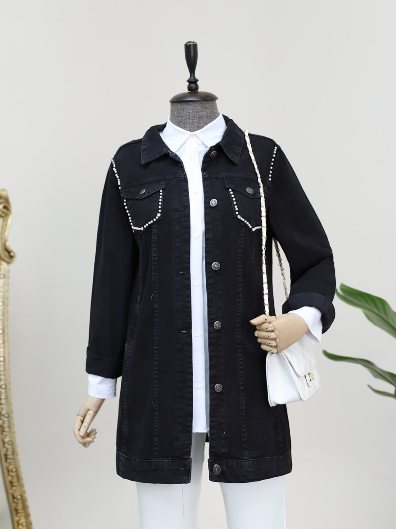 Women's Black Denim Jacket with Pearl Beading and Random Wash - Podyumplus - by Peralane - photo 3