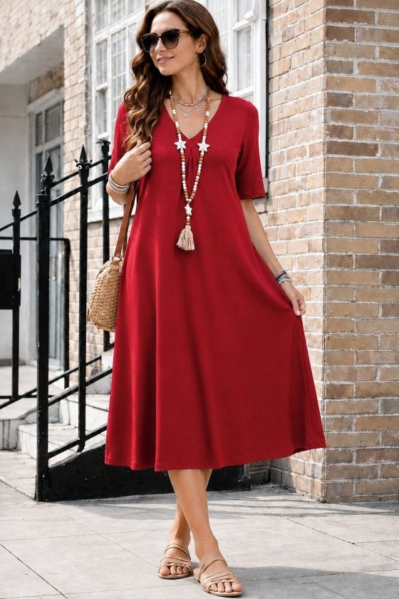 Women's Short Sleeve V-Neck Pocket Detail Midi Viscose Dress in Red - Janes - by Peralane