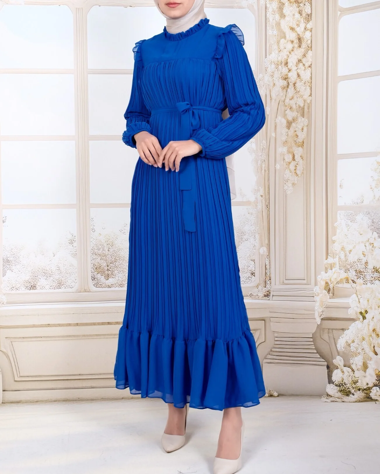 Women's Pleated Midi Dress with Belt - Blue - Podyumplus - by Peralane - photo 7