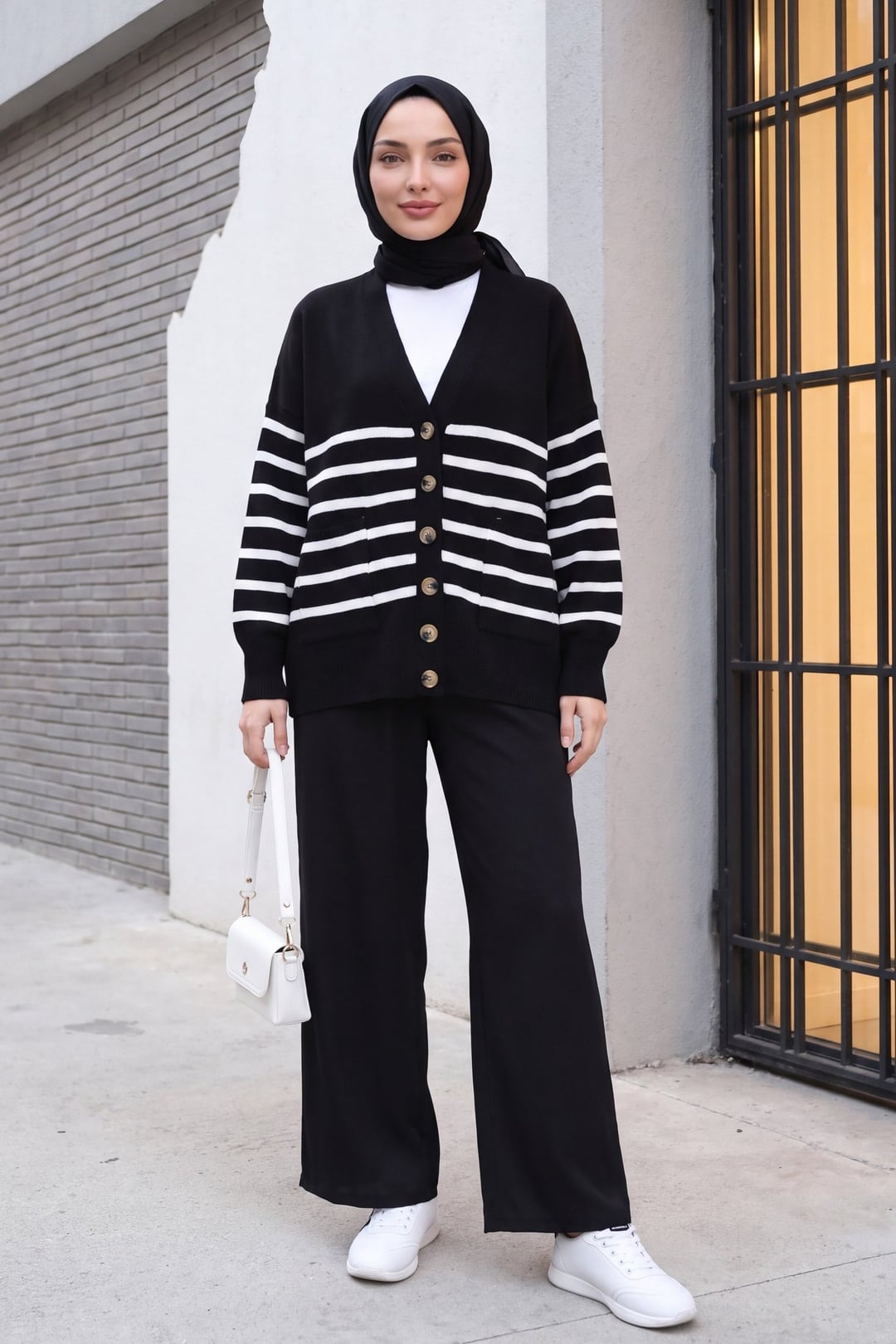 Black Striped Button-Front Cardigan with Pockets - Podyumplus - by Peralane - photo 4