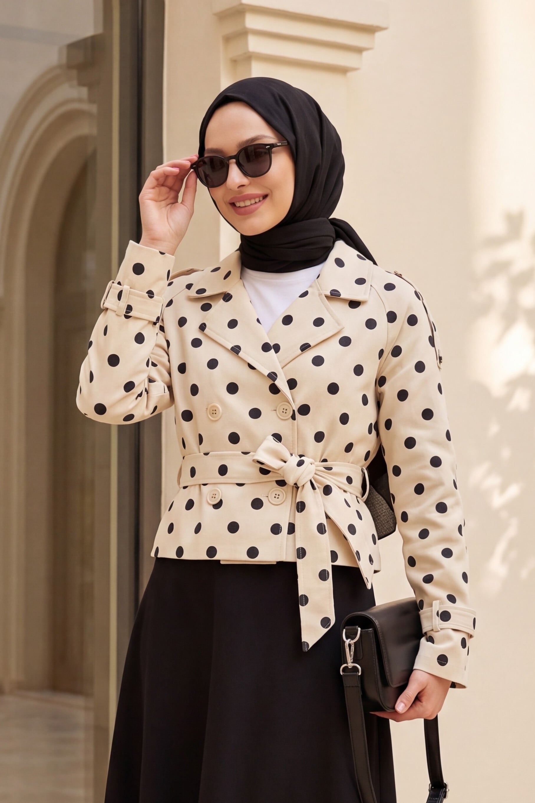 Women's Belted Short Trench Coat Cream with Polka Dot Print - Size 38 - Bigdart - by Peralane - photo 2