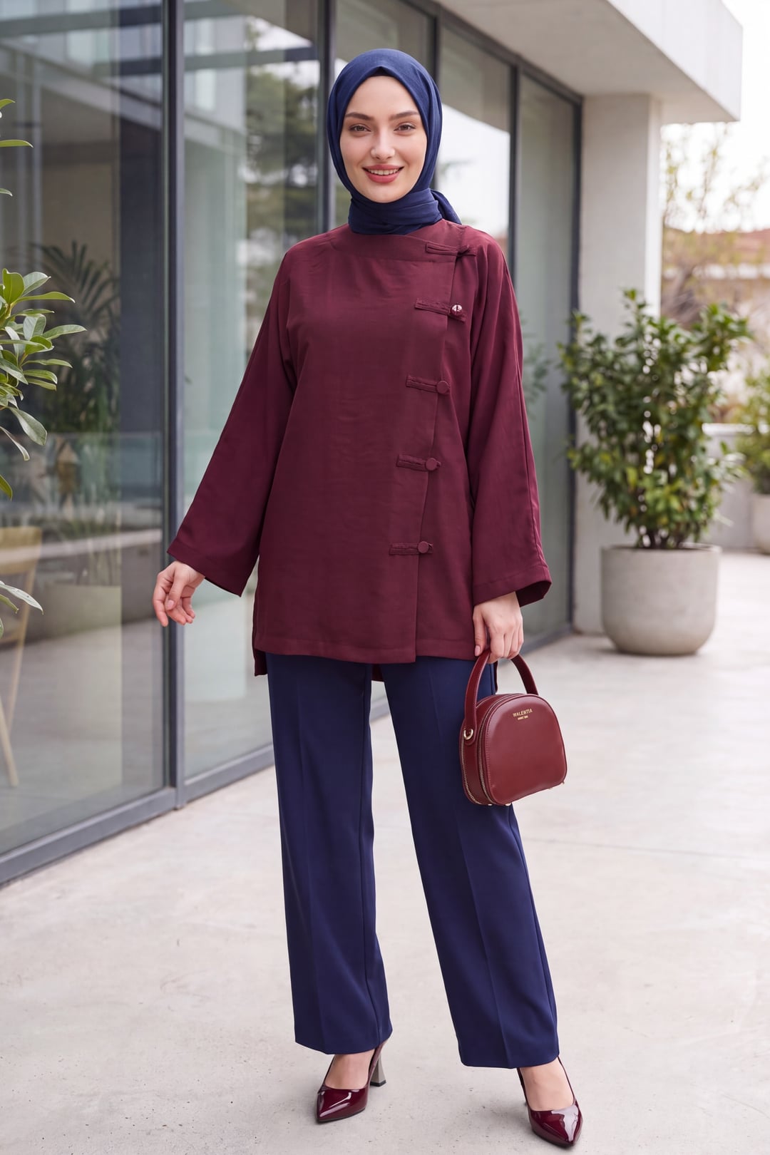 Round Neck Button Front Long Back Polyviscose Tunic - Deep Red - Podyumplus - by Peralane - photo 3