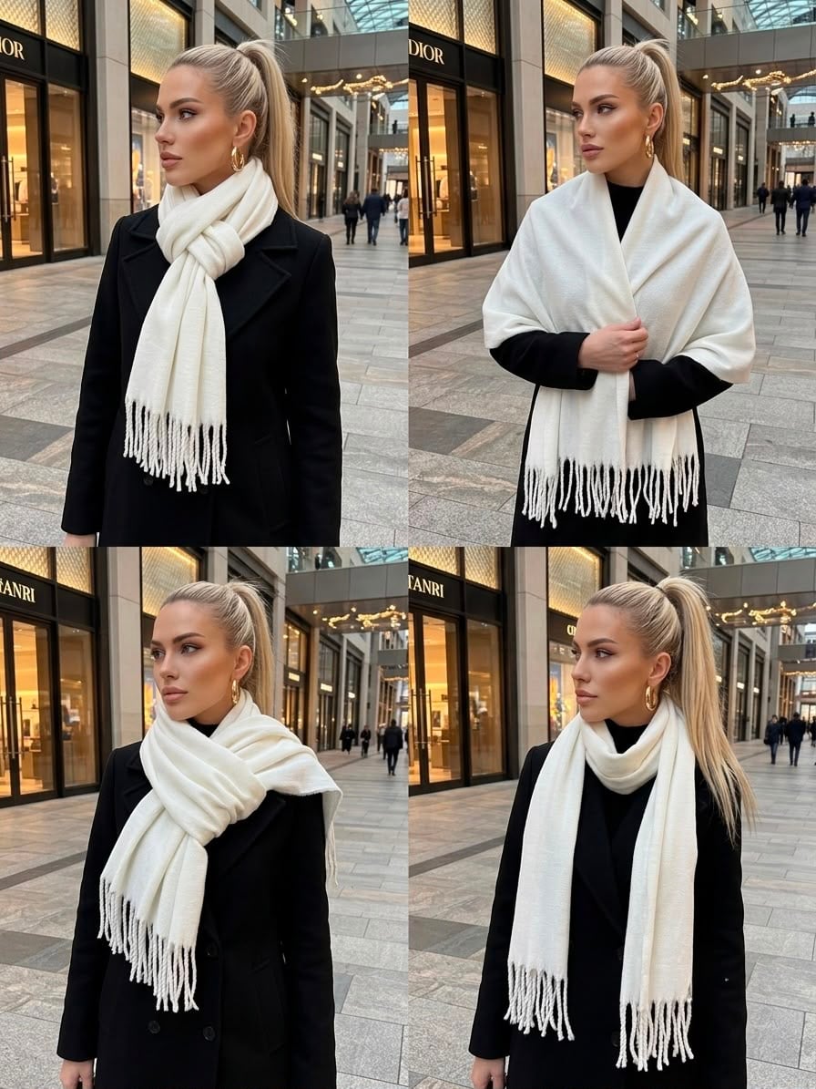 Fringed Soft Textured Puffy Shawl Scarf in Ecru - Nesvay - by Peralane - photo 4