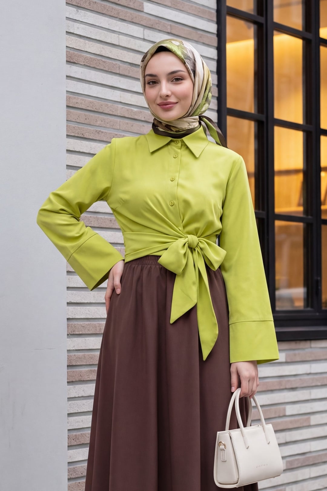 Lime Green Spanish Sleeve Side-Tie Button-Up Blouse - Podyumplus - by Peralane