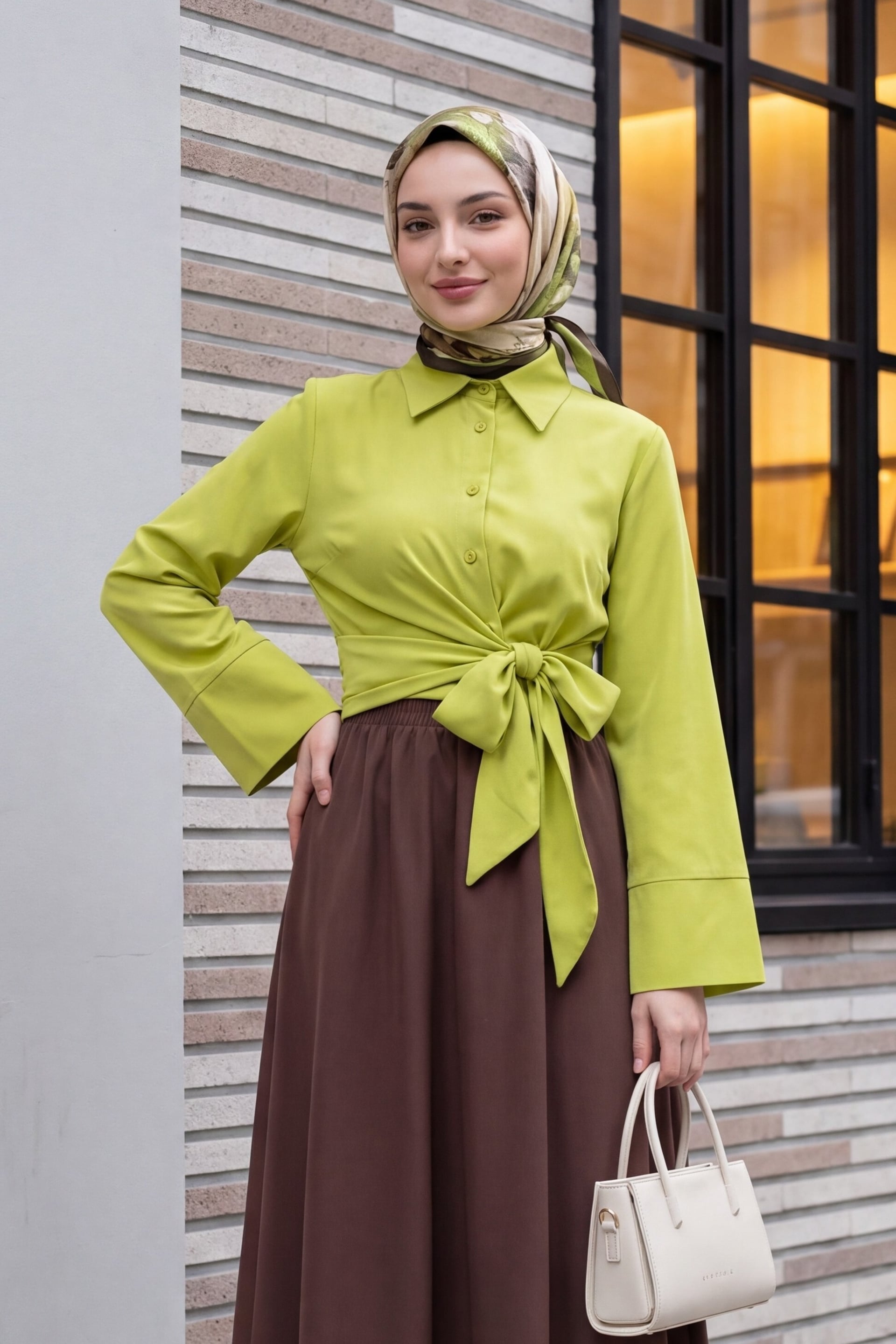 Lime Green Spanish Sleeve Side-Tie Button-Up Blouse - Podyumplus - by Peralane
