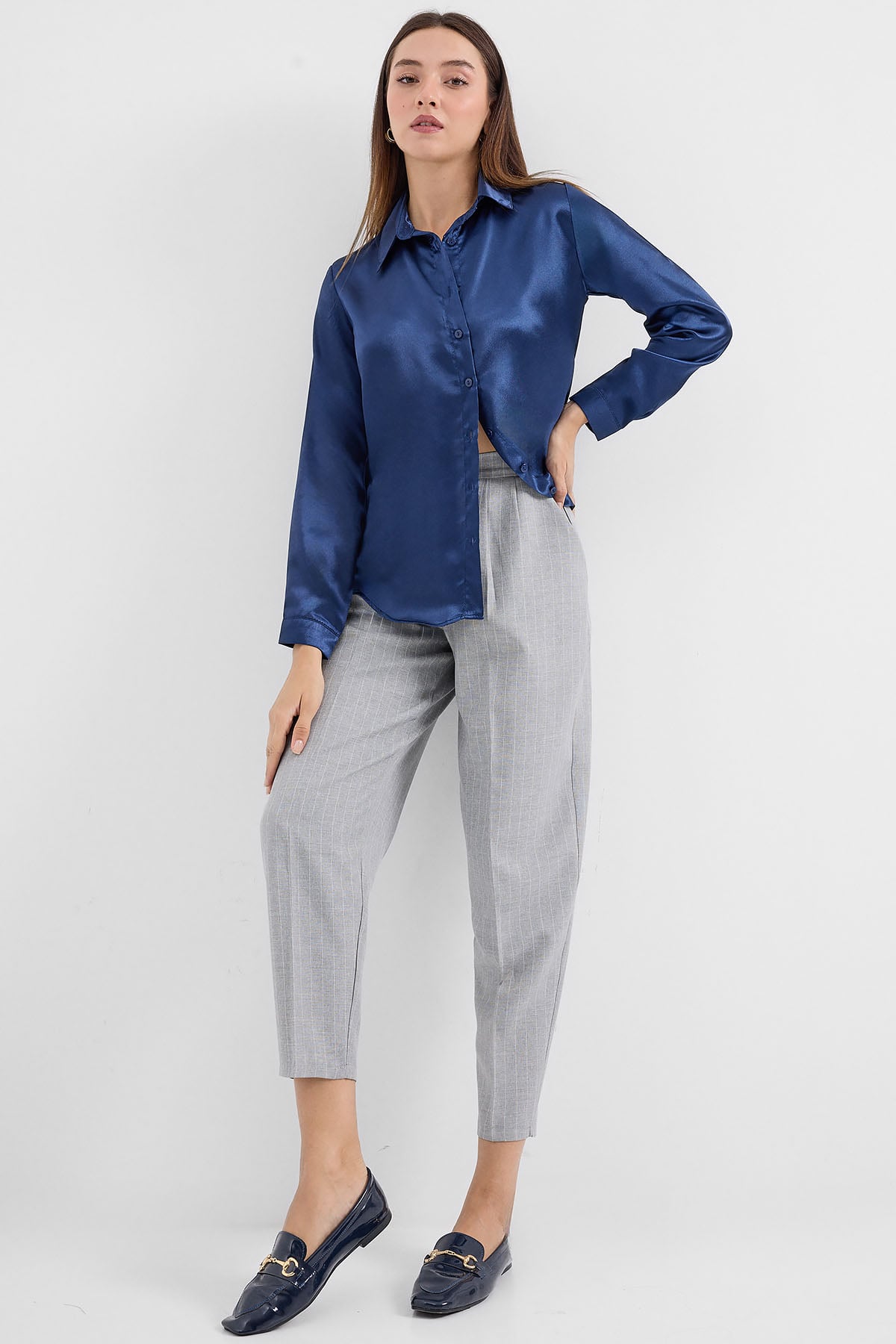 Lightweight Satin Blouse in Navy - Women's Button-Down Shirt - Bigdart - by Peralane
