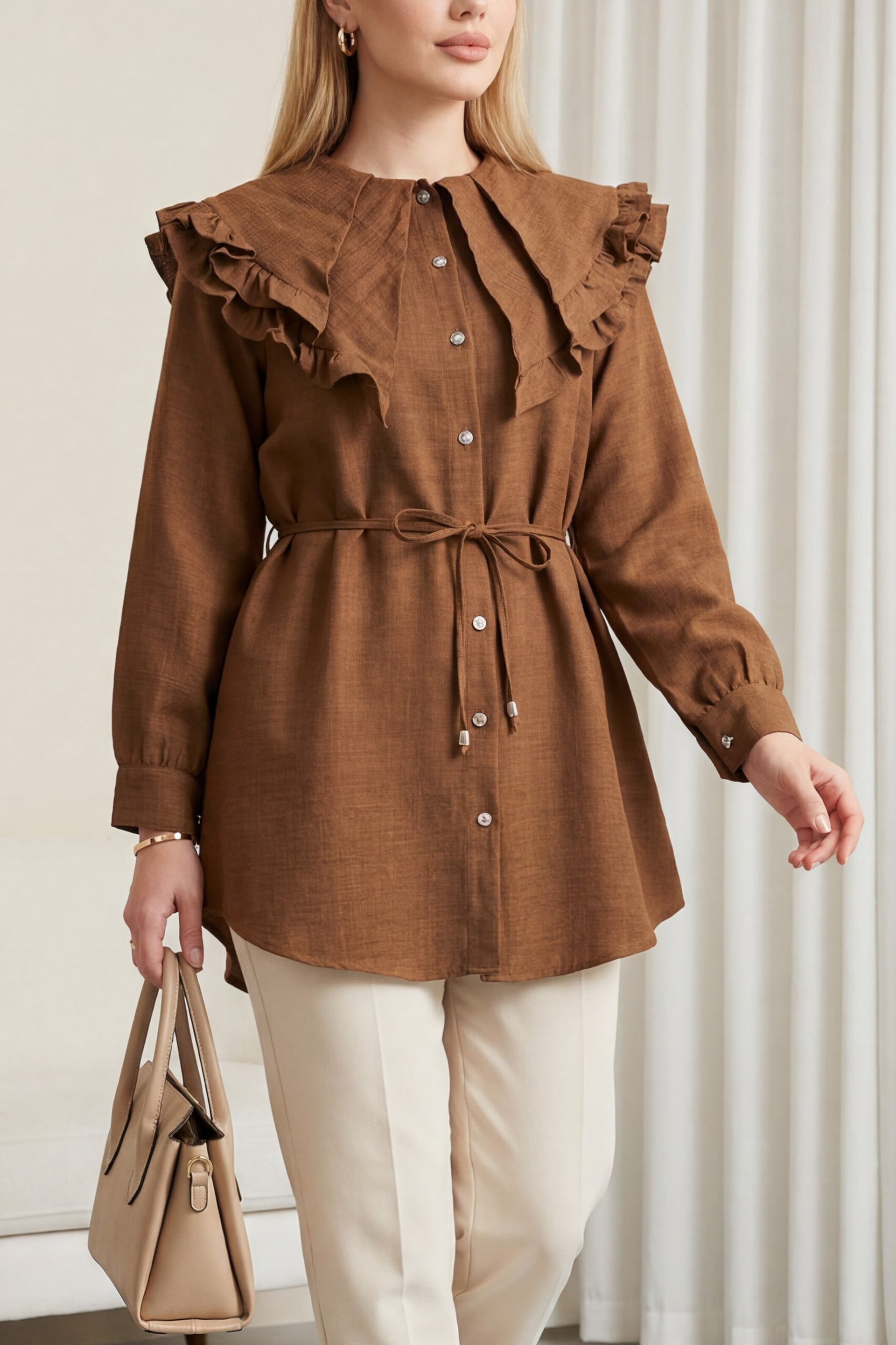 Brown Linen-Look Tunic with Double-Layer Ruffle Collar and Tie Waist - Podyumplus - by Peralane - photo 4