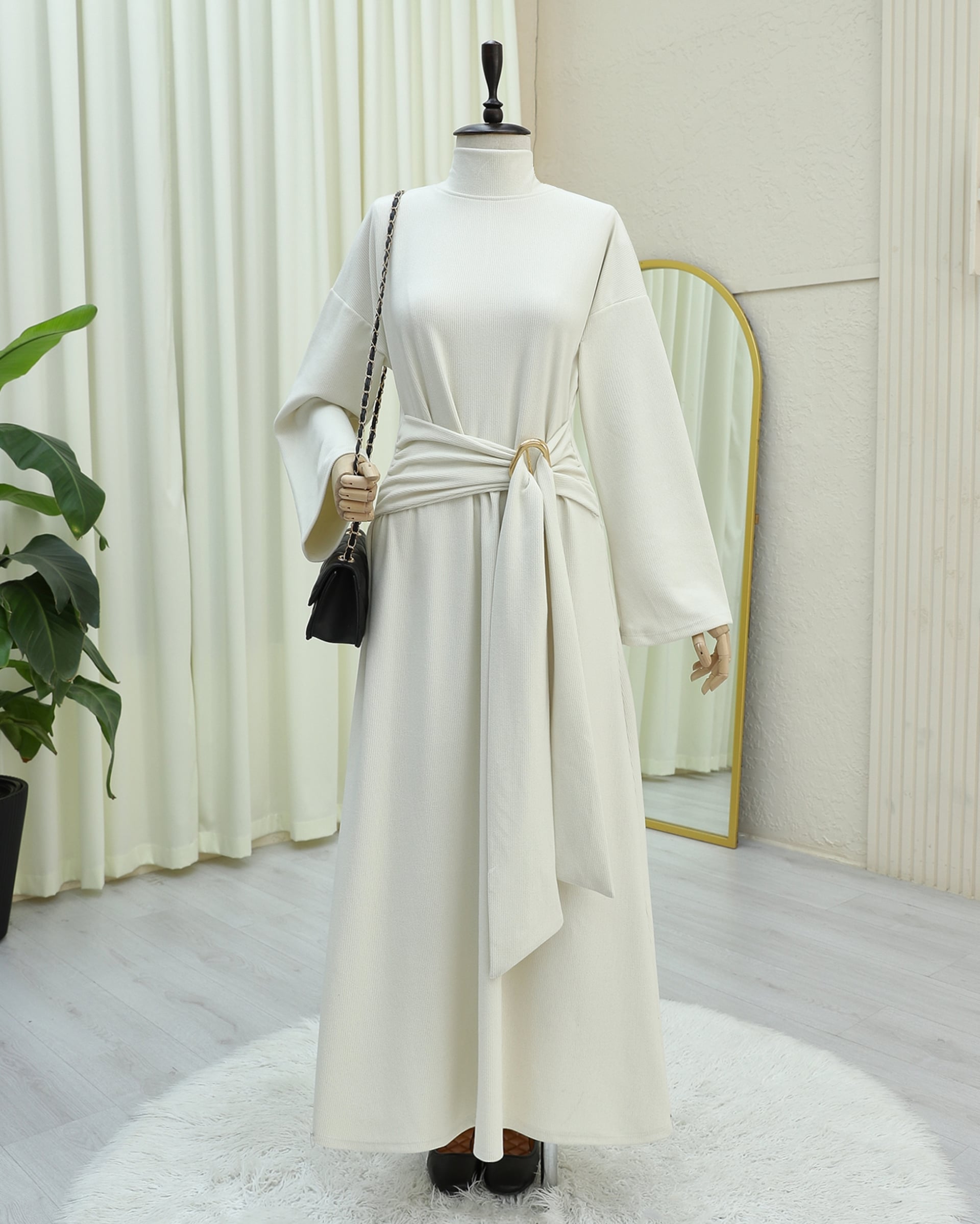High Neck Long Selanik Dress with Belt and Ring Detail - Cream - Podyumplus - by Peralane - photo 3