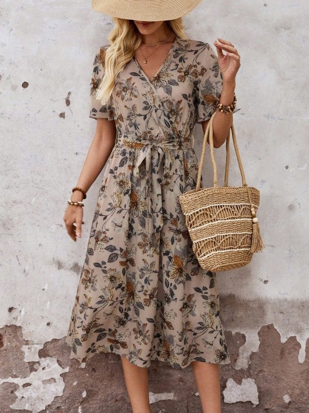 Women's Short Sleeve Wrap Midi Dress with Floral Print - Janes - by Peralane