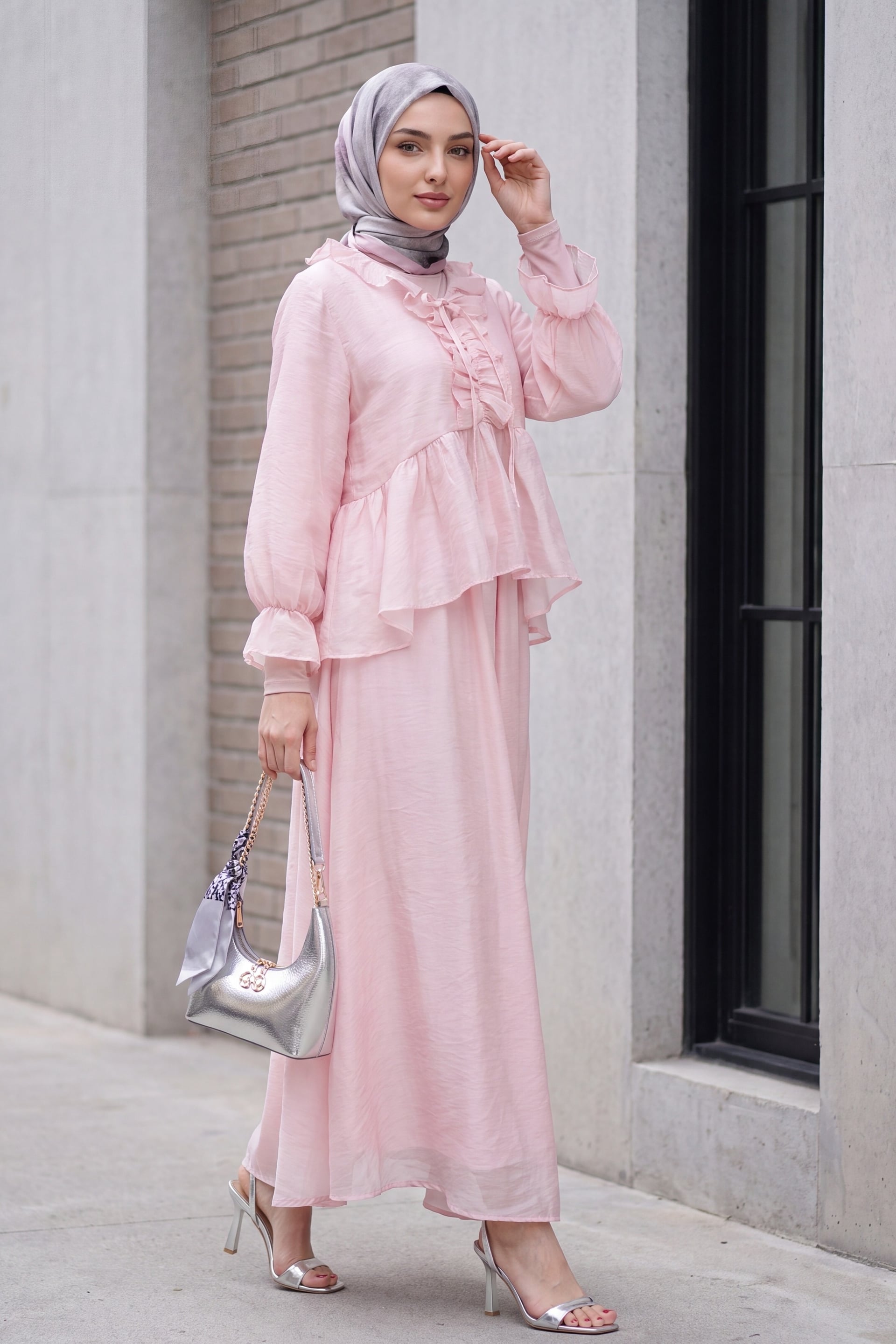 Tie-Neck Long-Sleeve Top and Maxi Skirt Set in Powder Pink - Podyumplus - by Peralane - photo 2