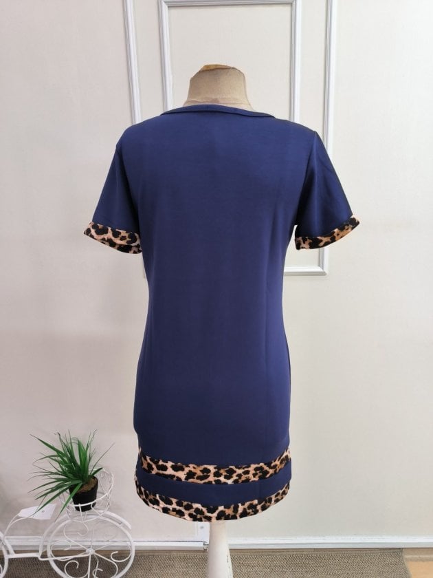 Women's Navy Blue Short-Sleeved Round Neck Dress with Leopard Print Trim - Janes - by Peralane - photo 6