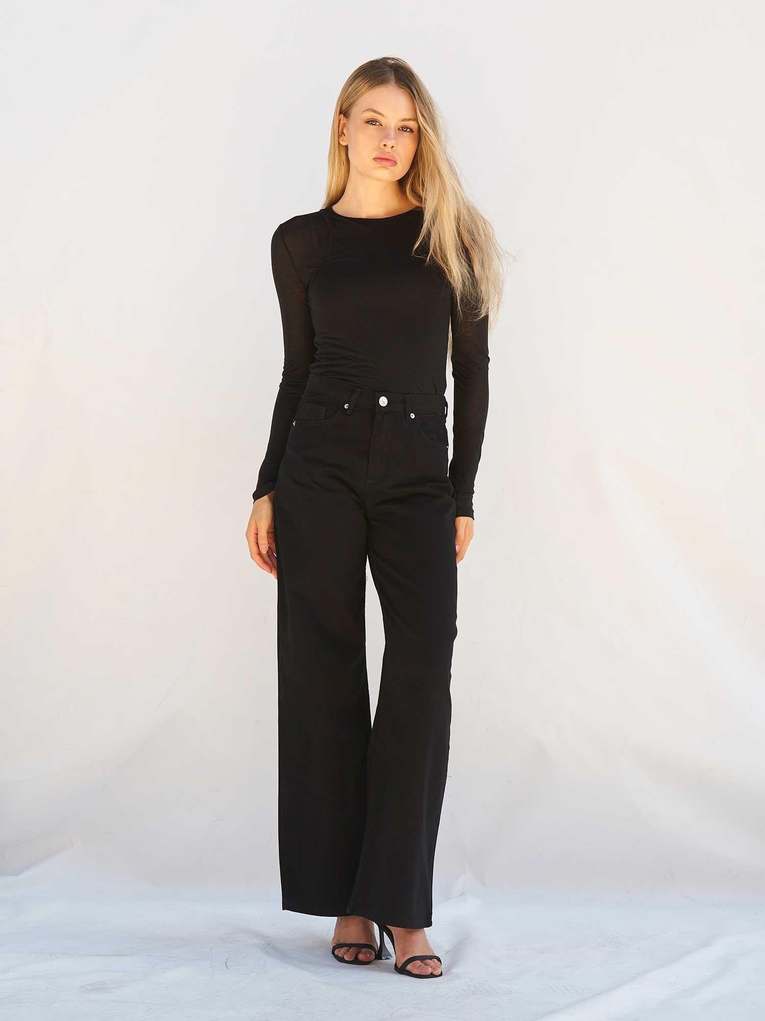 Black Long-Sleeve T-Shirt and Wide-Leg Trousers Set for Women - Lefon - by Peralane
