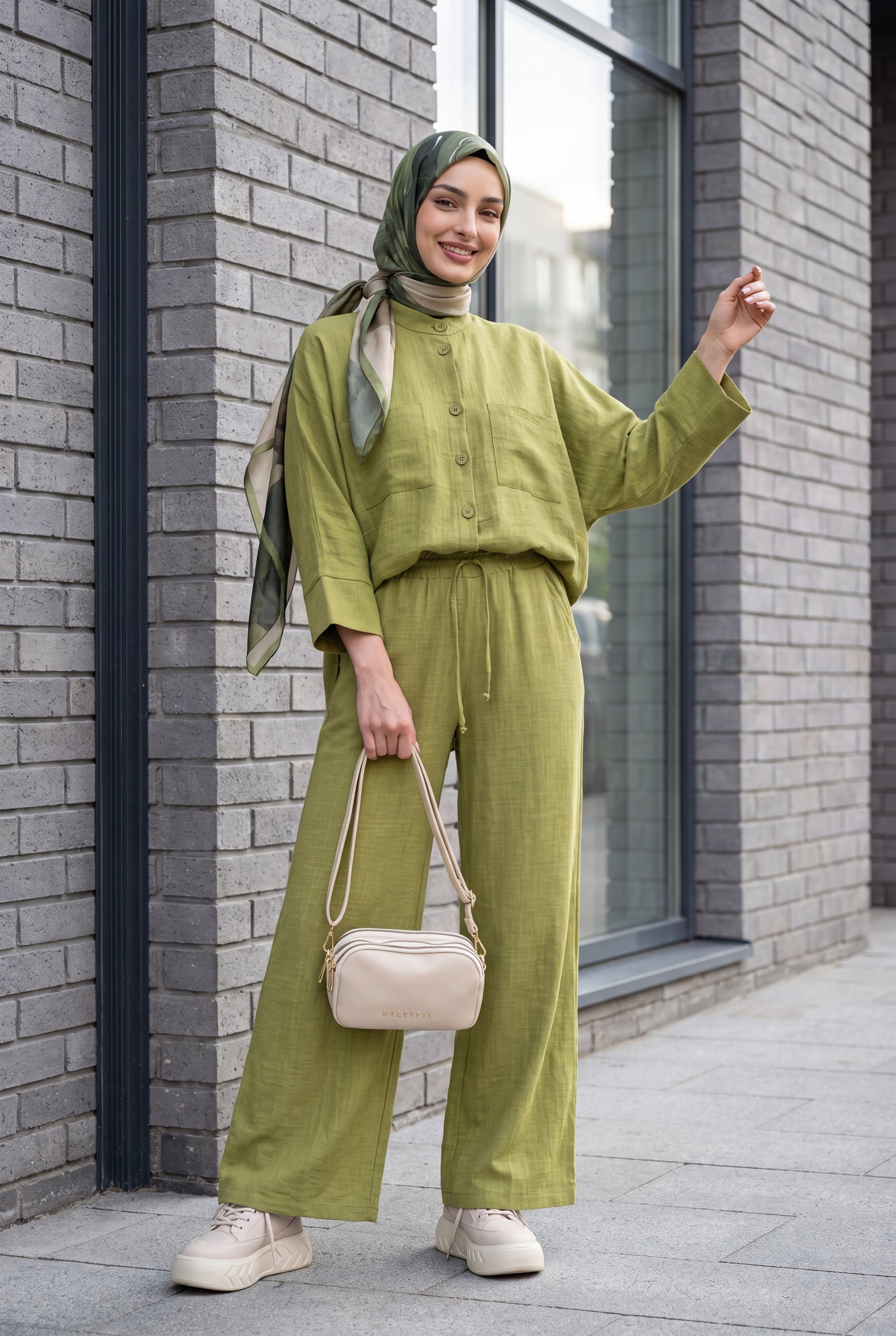 Women's Two-Piece Linen-Look Set with Long-Sleeve Shirt and Wide-Leg Trousers - Pistachio Green - Podyumplus - by Peralane - photo 2