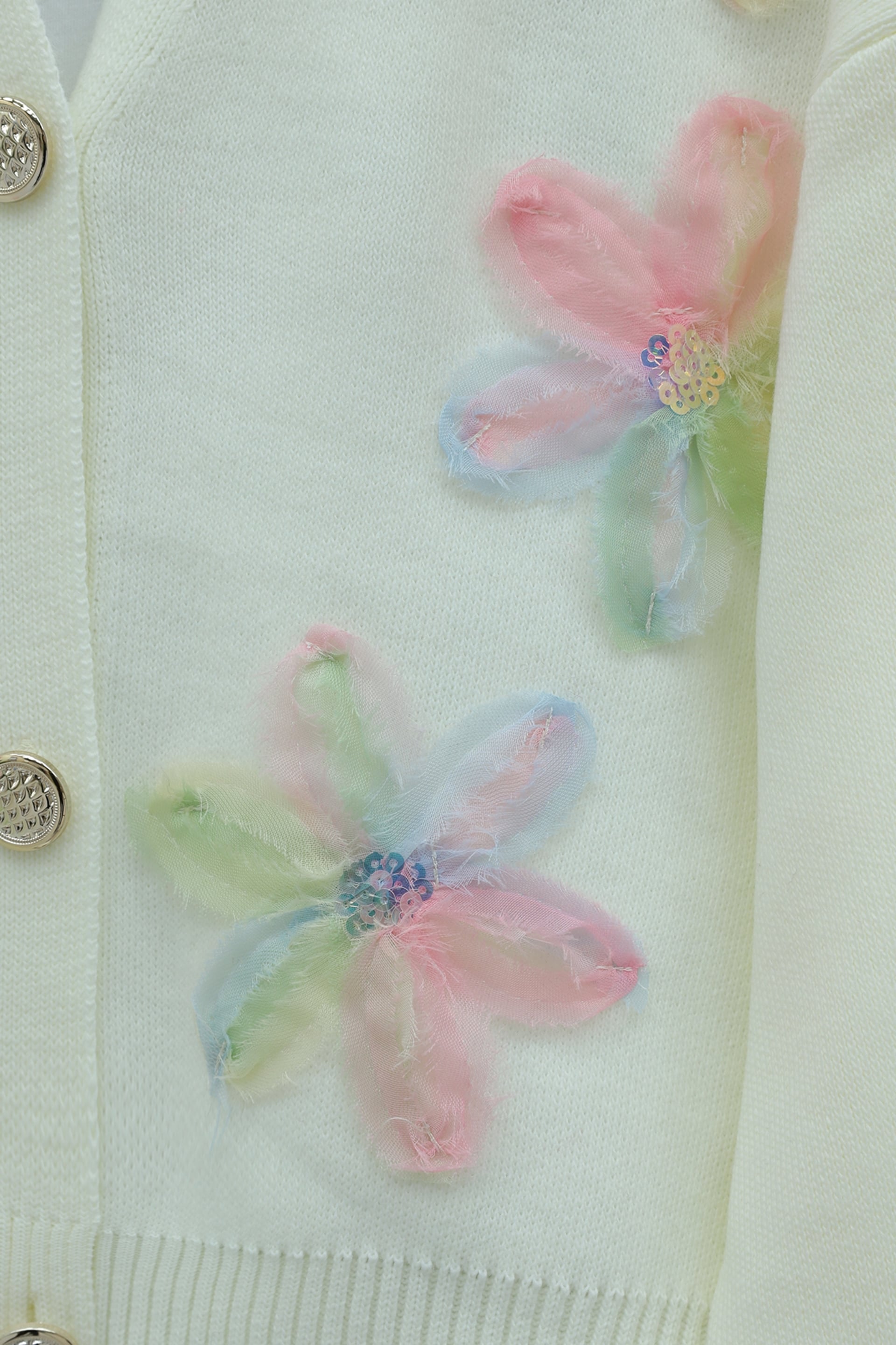 Sequin and Floral Appliqué Buttoned Knit Cardigan - Ecru - Podyumplus - by Peralane - photo 6