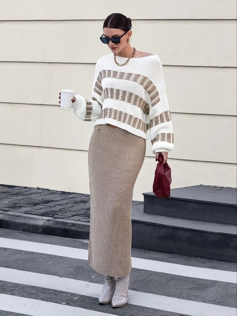 Women's Long-Sleeve Boat Neck Knit Sweater and Maxi Skirt Co-ord Set - Janes - by Peralane