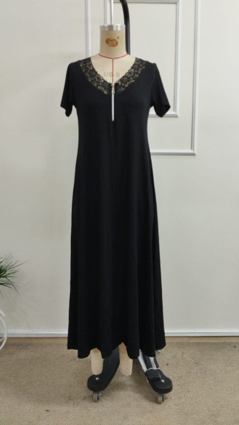 Women's Short-Sleeved V-Neck Lace Trim Viscose Dress - Janes - by Peralane - photo 5