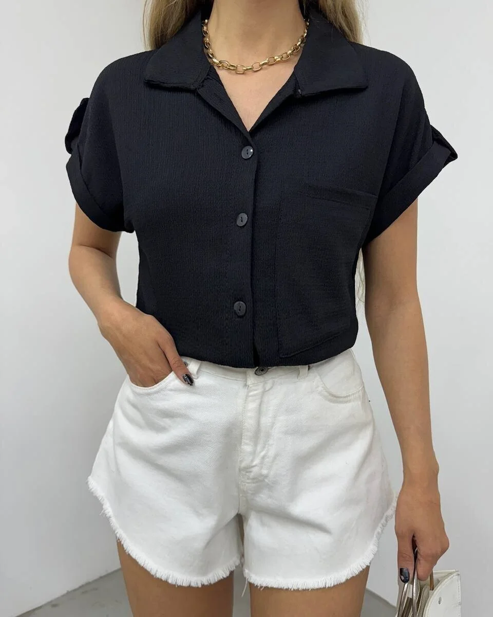Black Crinkled Blouse with Double Cuff and Chest Pocket - Podyumplus - by Peralane - photo 2
