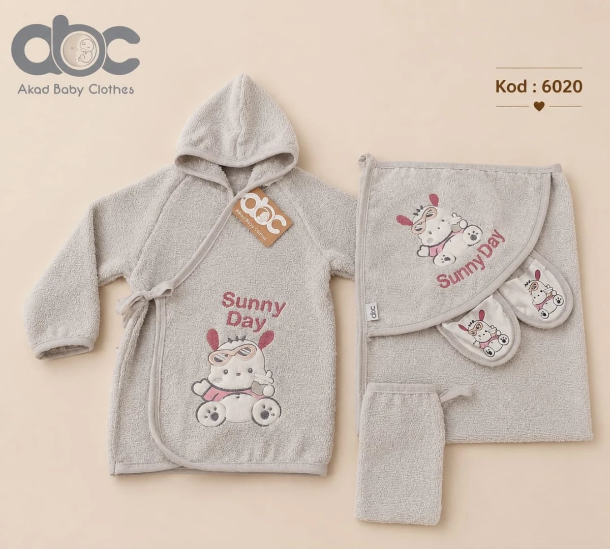 Baby Bathrobe and Towel Set (4 Pieces) in Anthracite with Sunny Day Print - Has Bereket - by Peralane