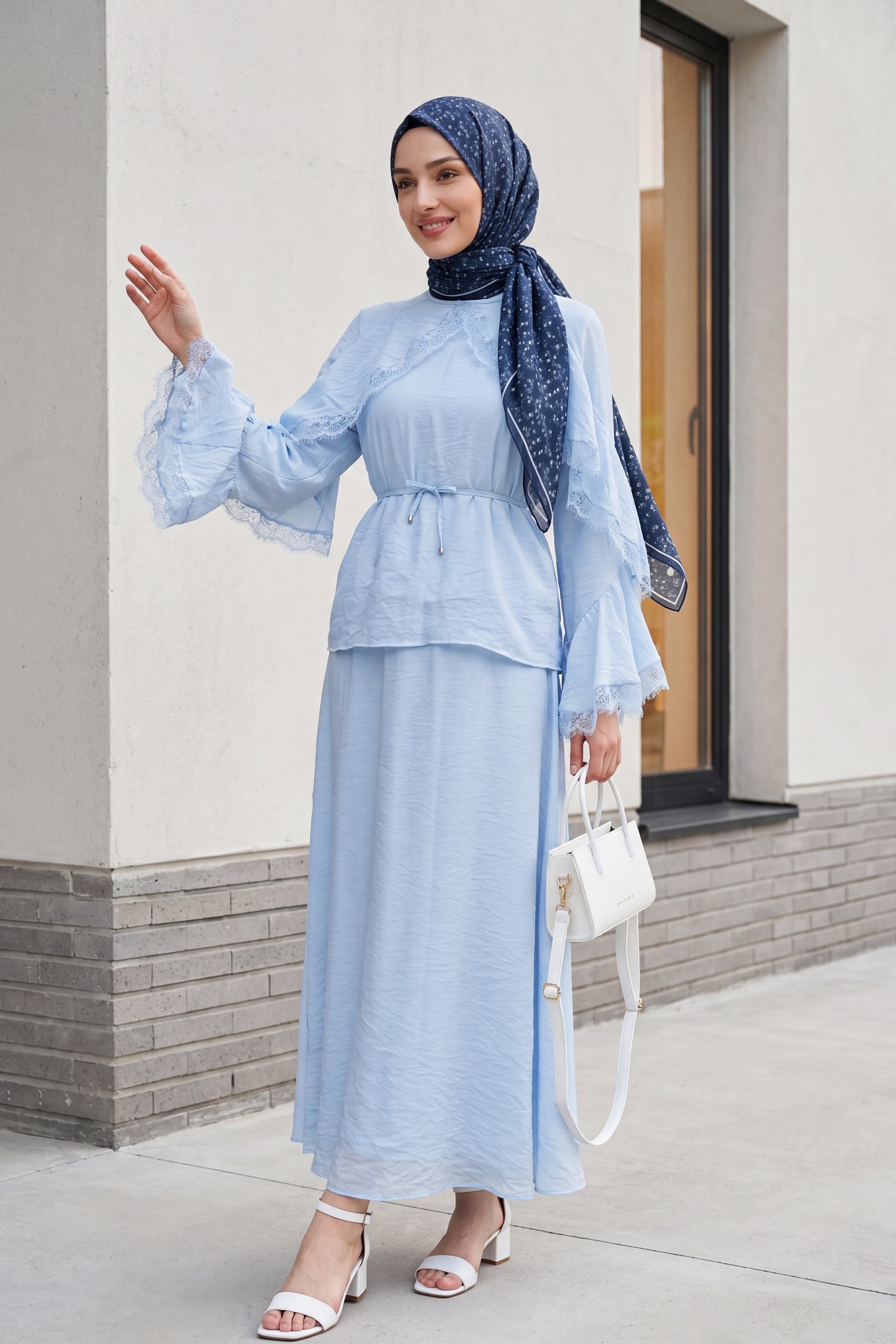 Lace Trim Spanish Sleeve Lined Belted Tulle Voile Skirt Set - Baby Blue - Podyumplus - by Peralane
