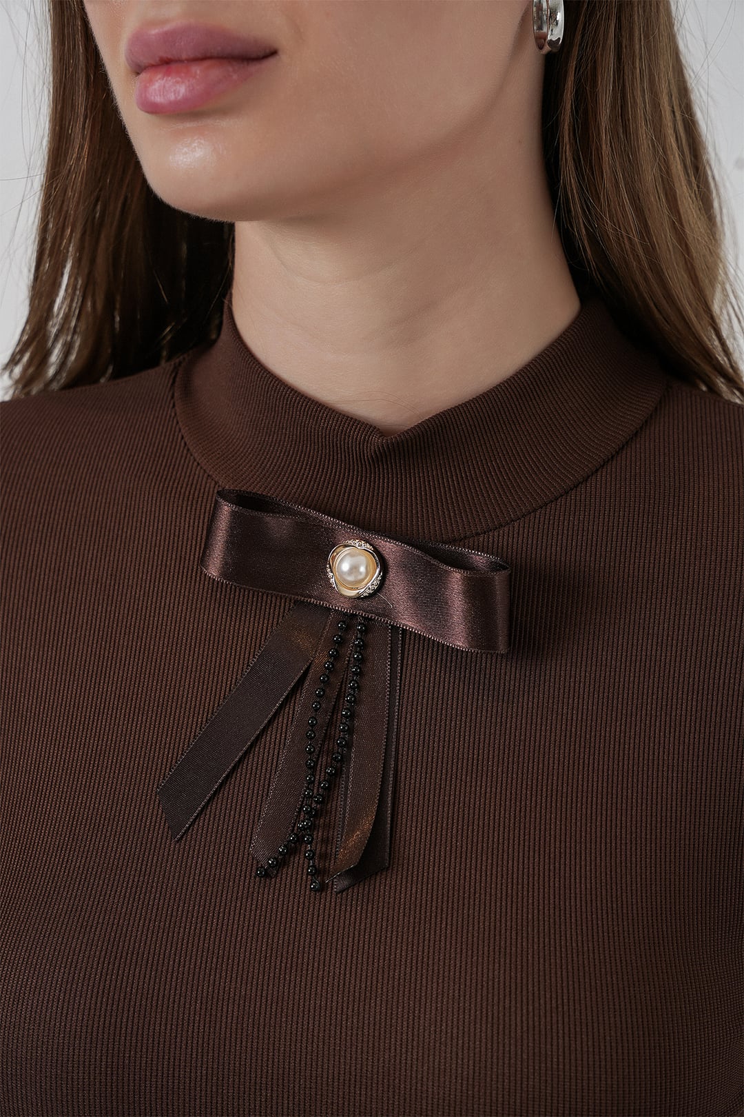 Women's Brown Ribbed Knit Long-Sleeve T-Shirt with Bow Detail - Bigdart - by Peralane - photo 3