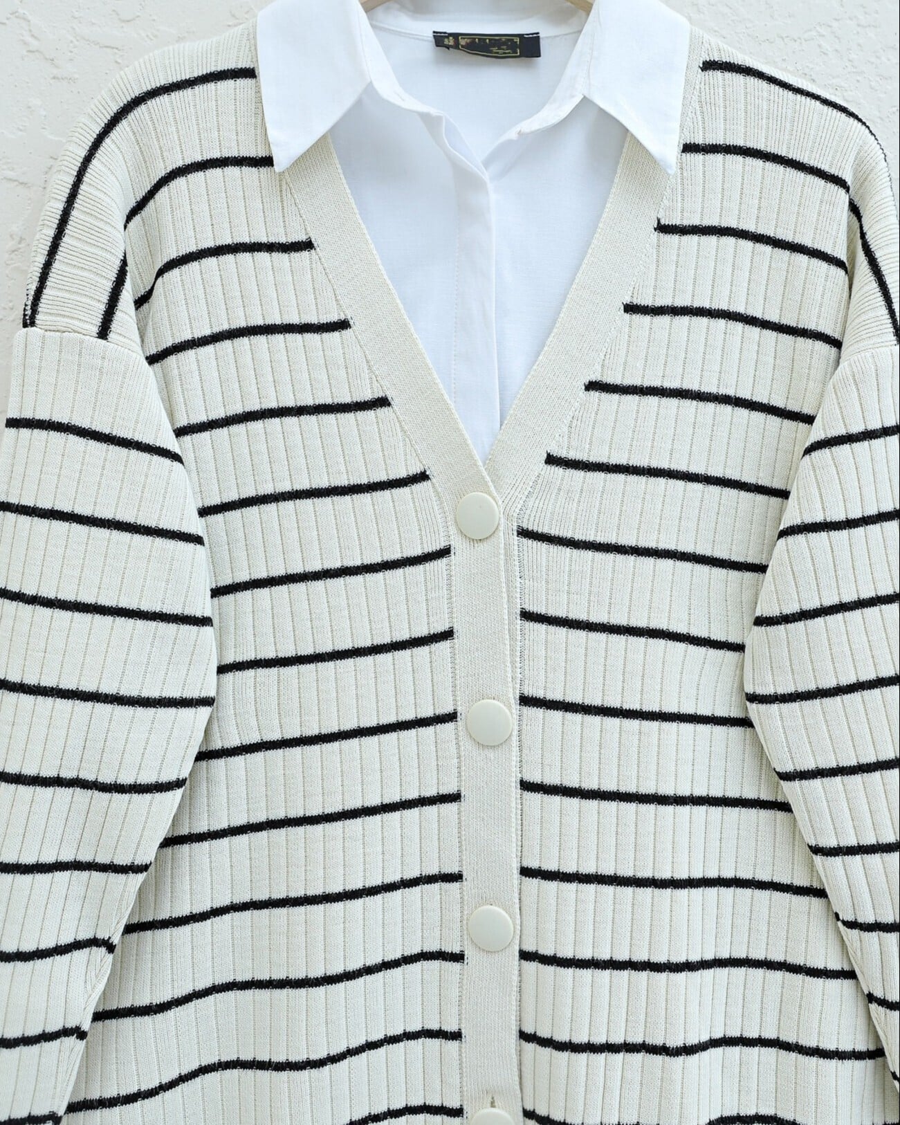 Cream Striped Long Cardigan with Buttons - Women's Ribbed Knit - Podyumplus - by Peralane - photo 4