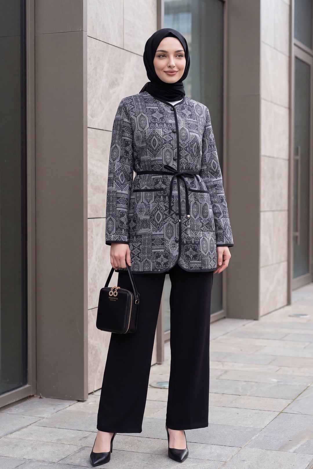 Black and Grey Geometric Pattern Jacket and Trousers Set with Tie Waist - Podyumplus - by Peralane - photo 3