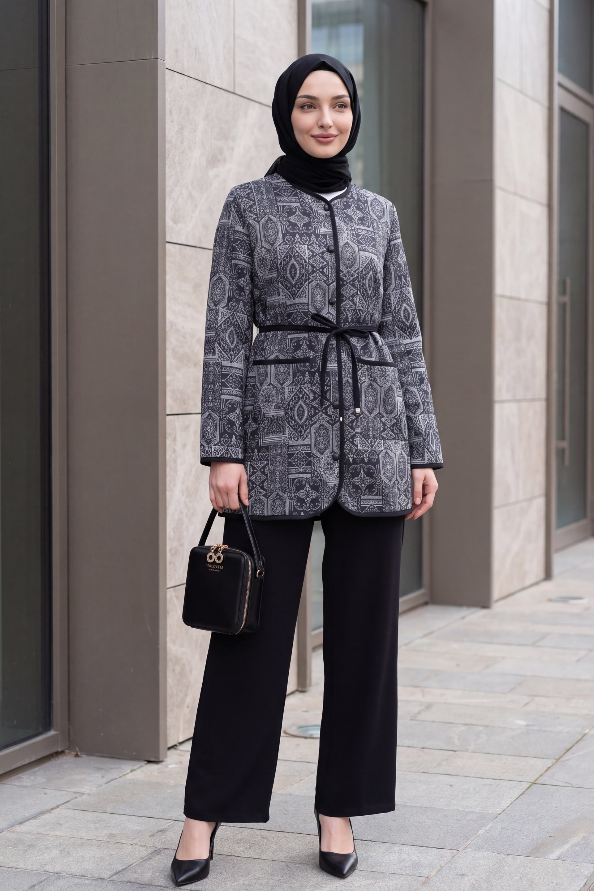 Black and Grey Geometric Pattern Jacket and Trousers Set with Tie Waist - Podyumplus - by Peralane - photo 3