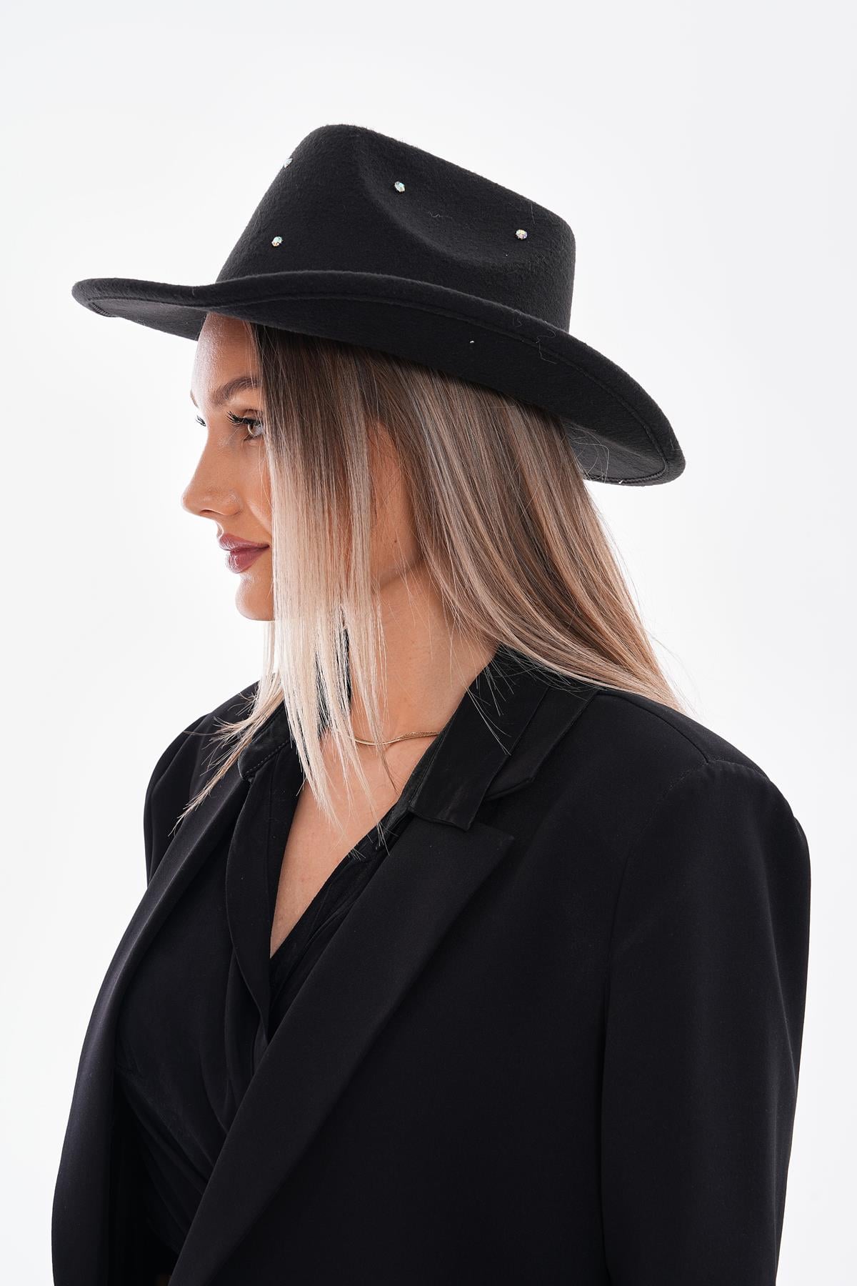 Black Felt Cowboy Hat with Clear Embellishments - Women's, Pack of 4 - Nesvay - by Peralane - photo 4