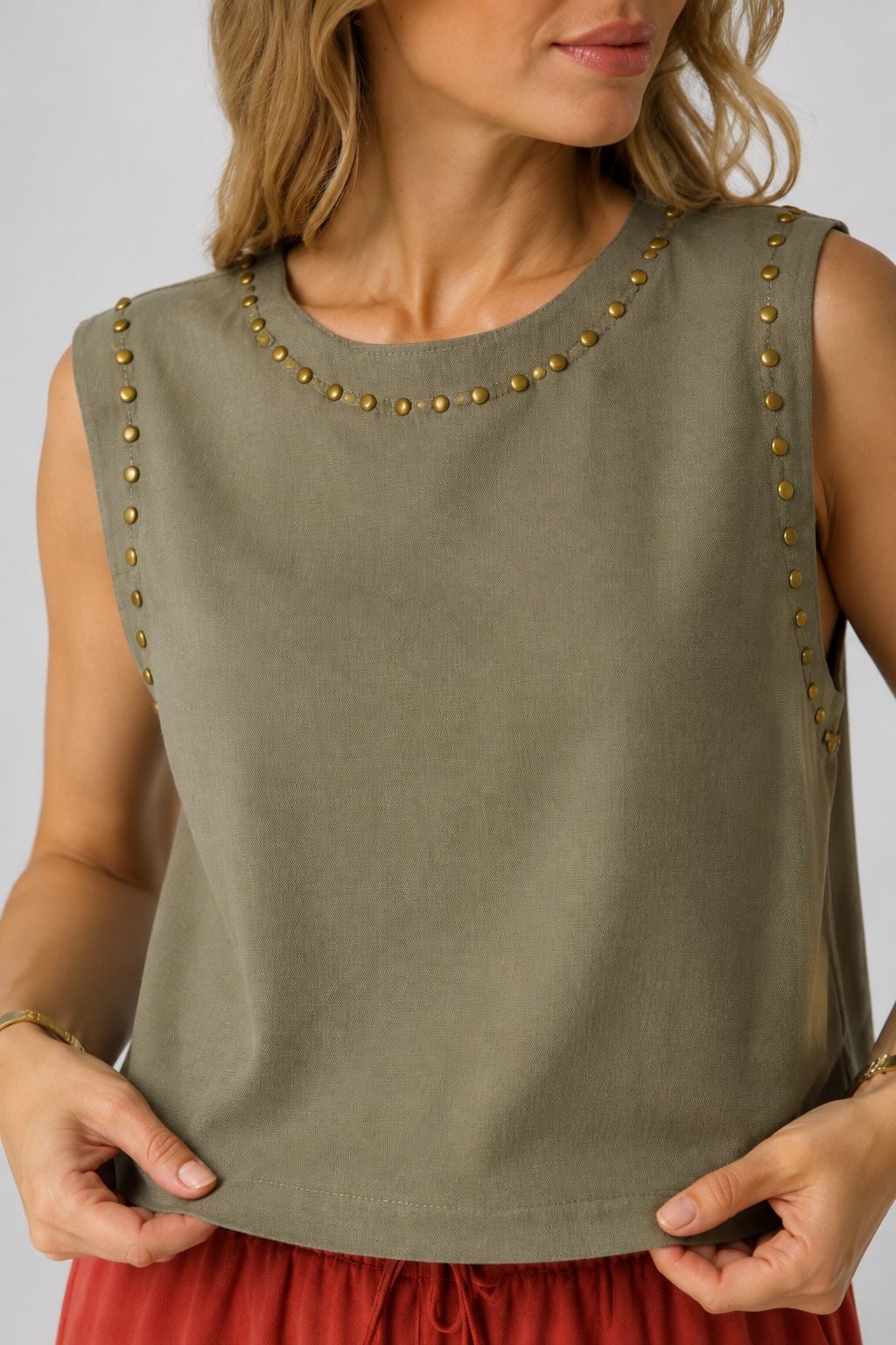 Sleeveless Blouse with Metal Stud Details in Green - Xlove - by Peralane
