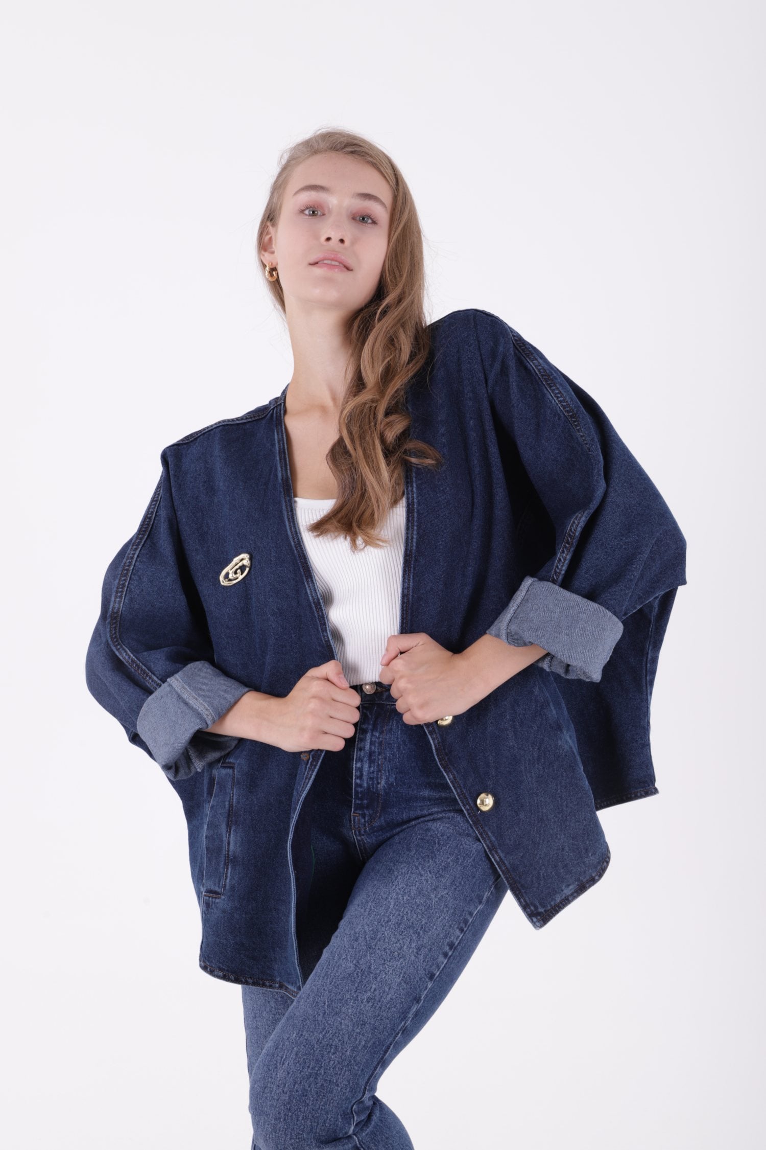 Oversize Batwing Sleeve Denim Jacket 6059 Solid Dark Rinse - Xlove - by Peralane - photo 2