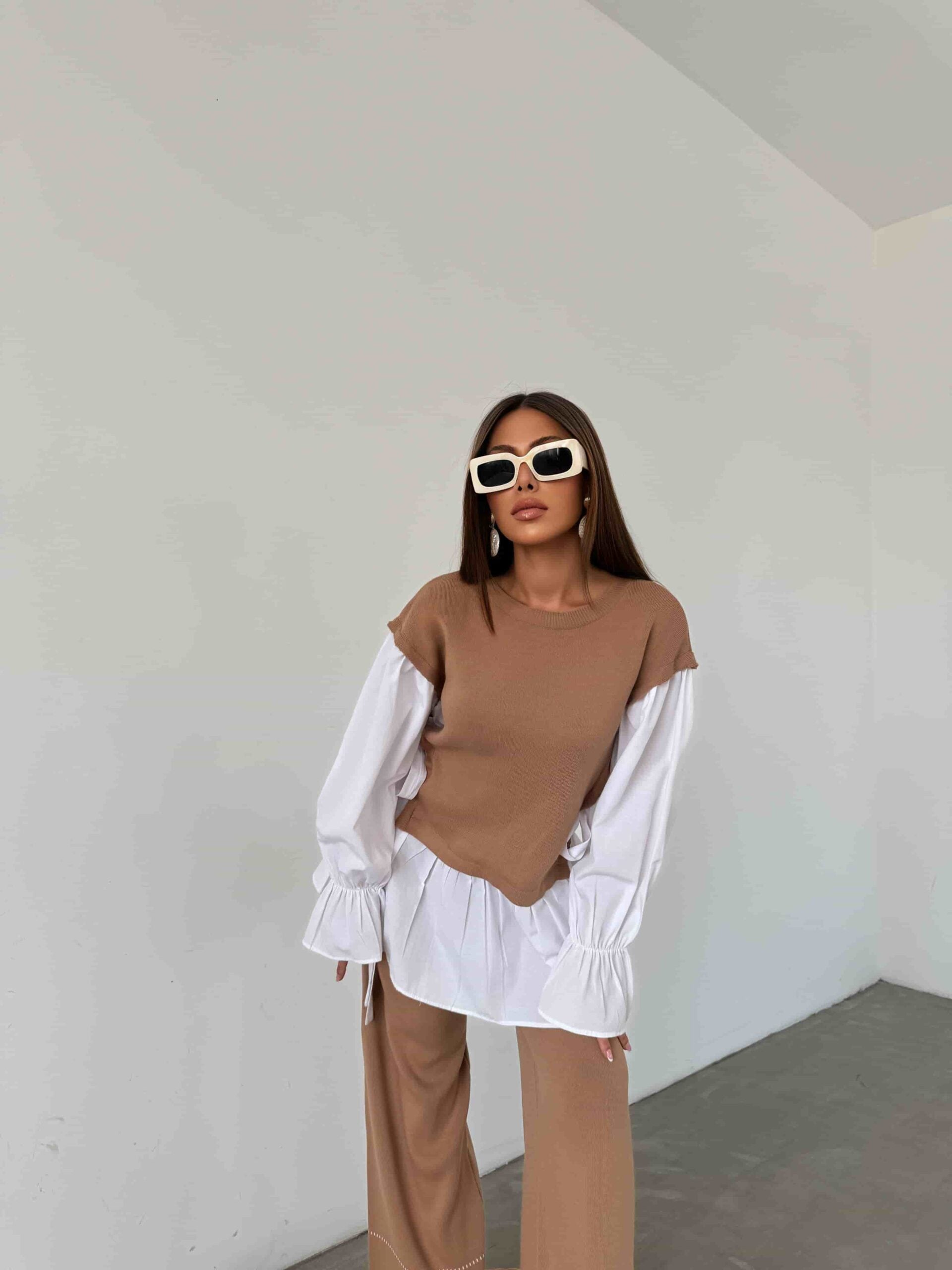 Brown Knitted Vest Overlay Two-Piece Set with White Blouse and Trousers - My Bee - by Peralane - photo 4