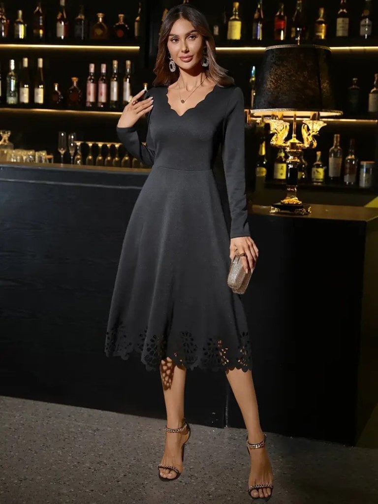 Women's Long Sleeve V-Neck Laser Cut Detail Midi Crepe Dress - Janes - by Peralane - photo 3