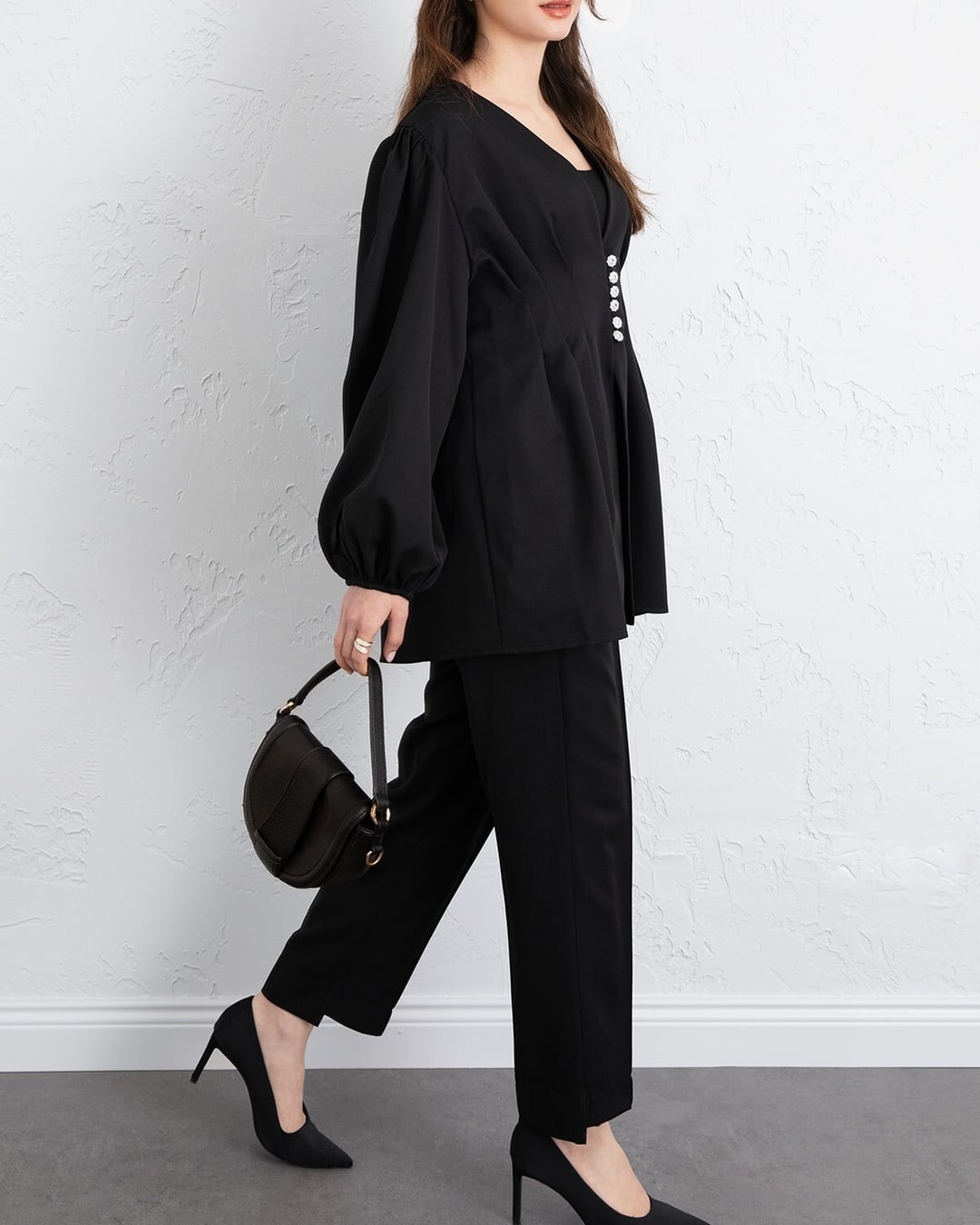 Stone Button Elastic Cuff Double Trousers Set - Black - Podyumplus - by Peralane - photo 8