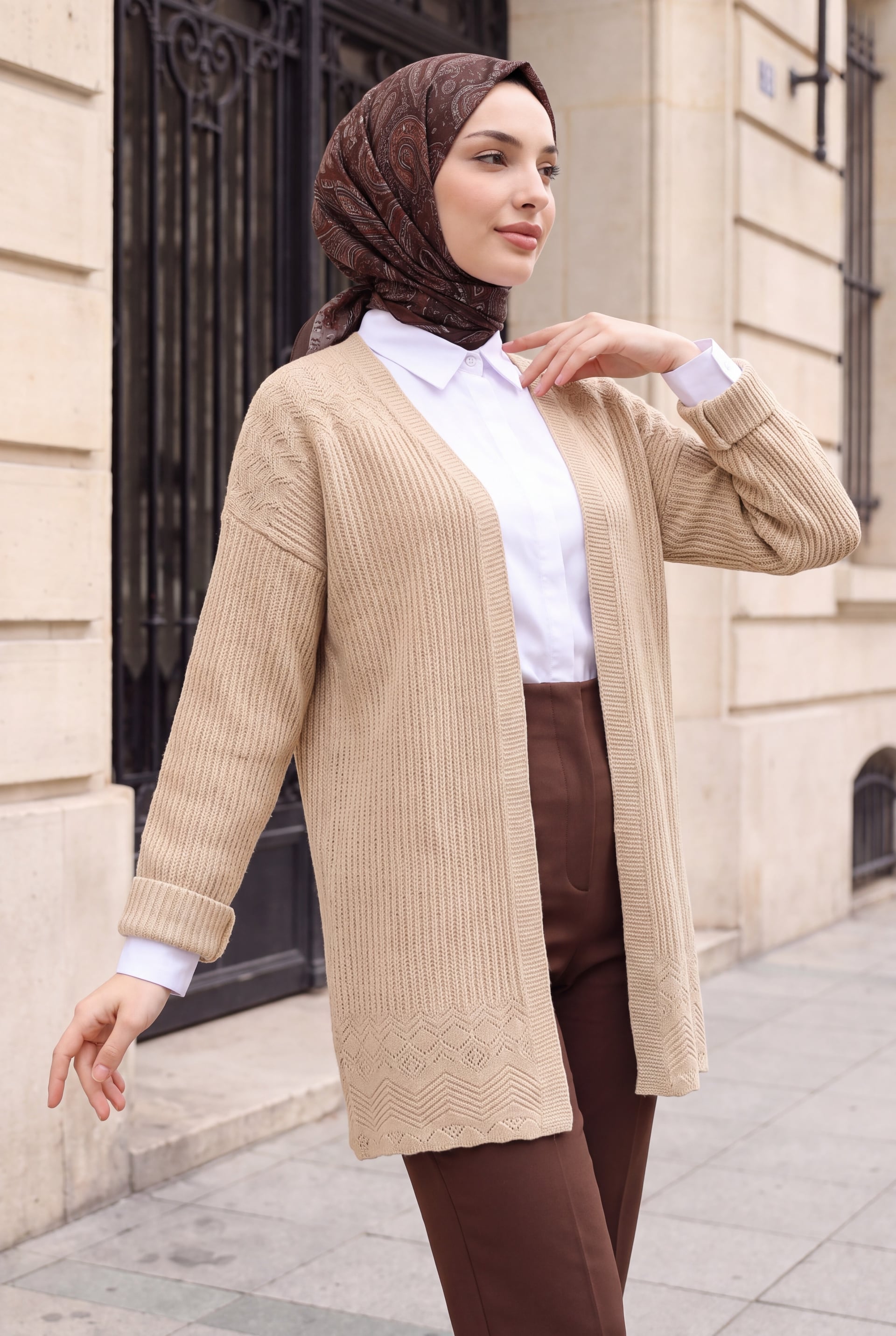 Patterned Hem Open-Front Cardigan - Vizon - Podyumplus - by Peralane - photo 2