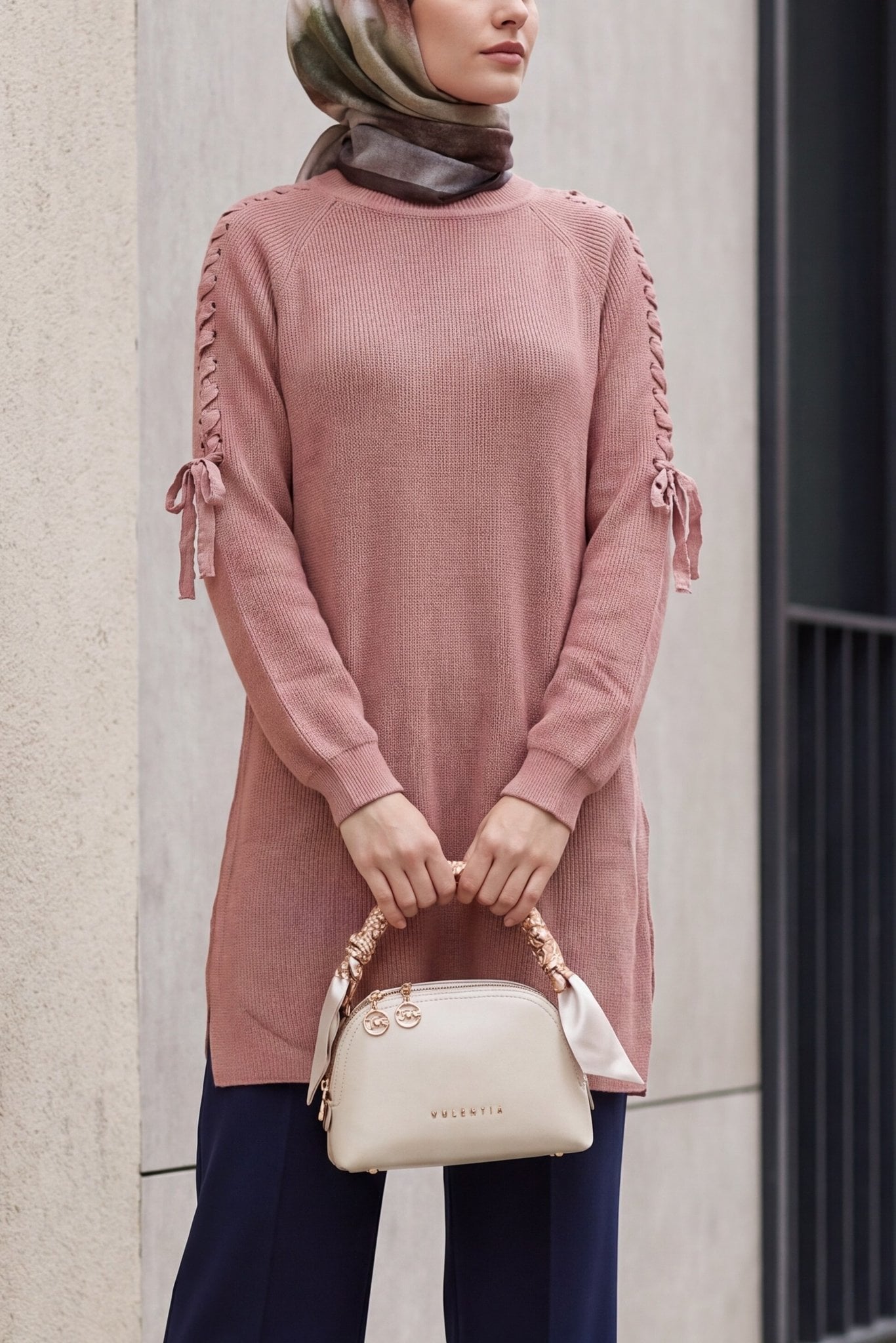 Casual Ribbed Knit Tunic with Braided Shoulder Details - Dusty Rose - Podyumplus - by Peralane - photo 7
