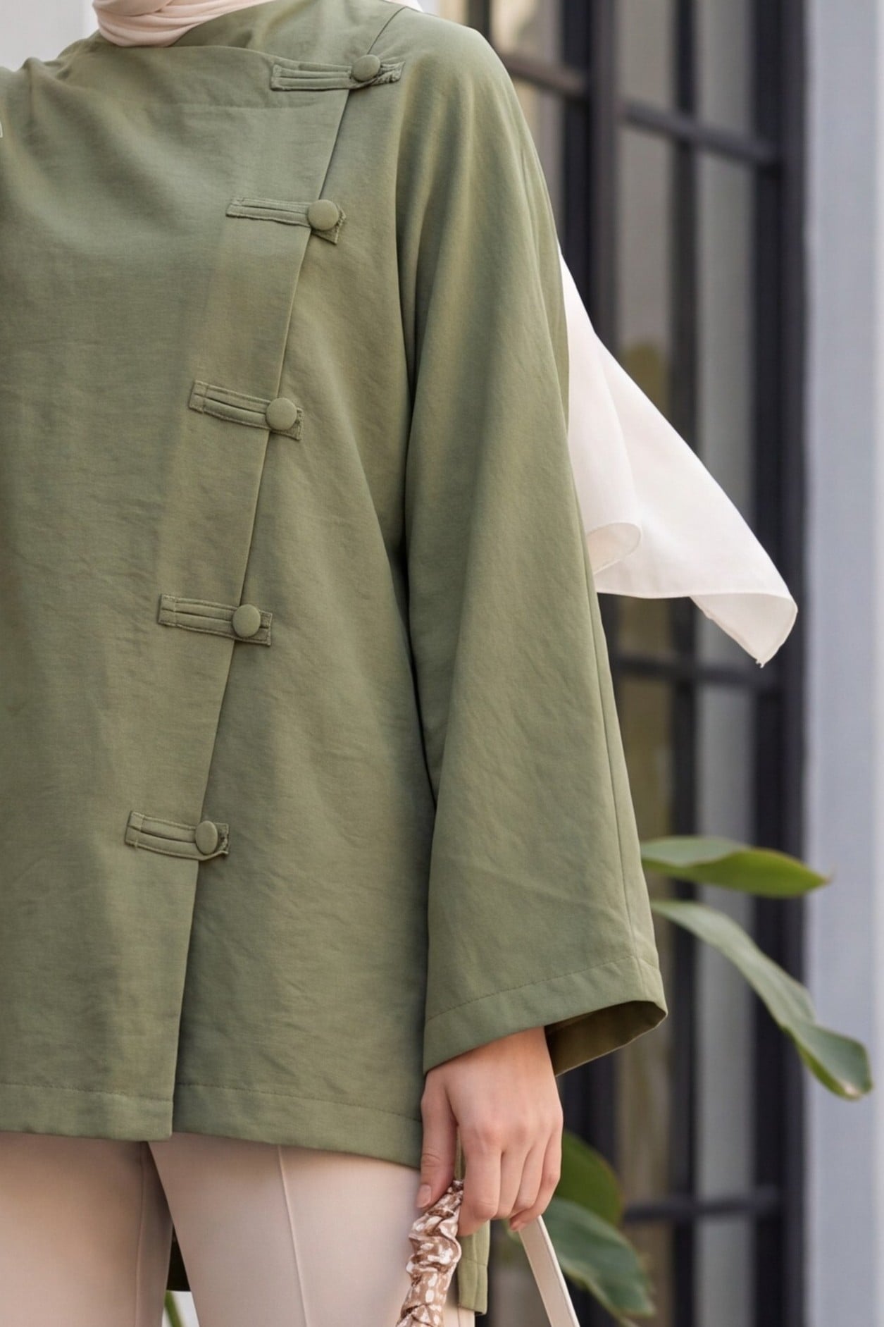 Round Neck Button Front Long Back Polyviscose Tunic - Olive Green - Podyumplus - by Peralane - photo 5