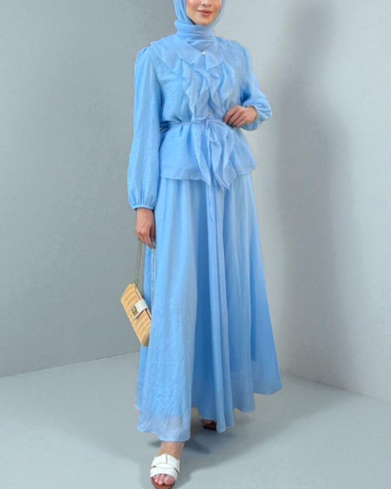 Ruffled Two-Piece Modest Set in Baby Blue - Podyumplus - by Peralane - photo 3
