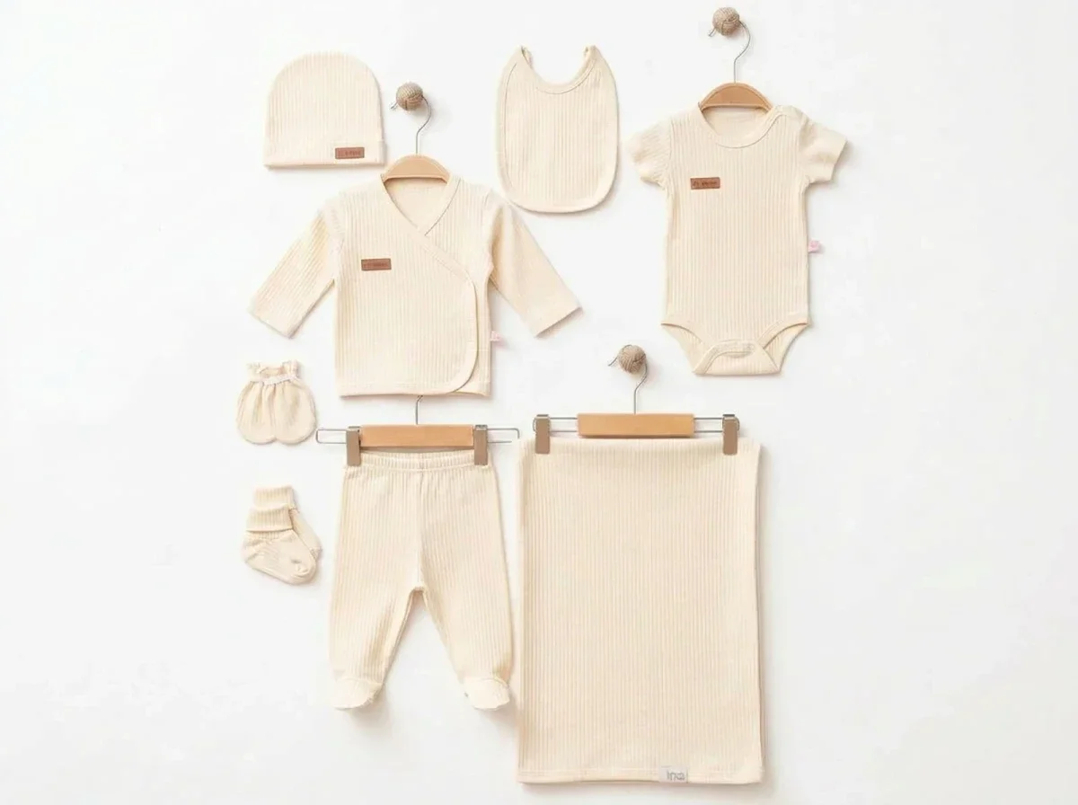 Cream Ribbed Knit Unisex 7-Piece Newborn Hospital Exit Layette Set - Esya - by Peralane